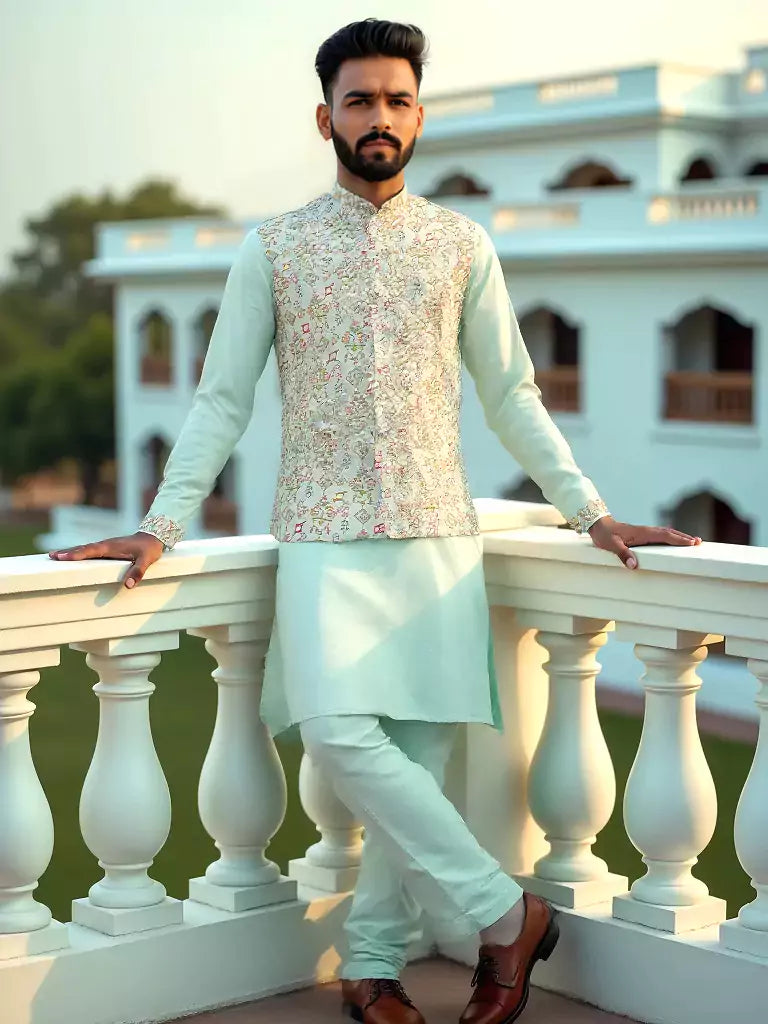 Sea Green Floral Print Giza Cotton Kurta Jacket Set