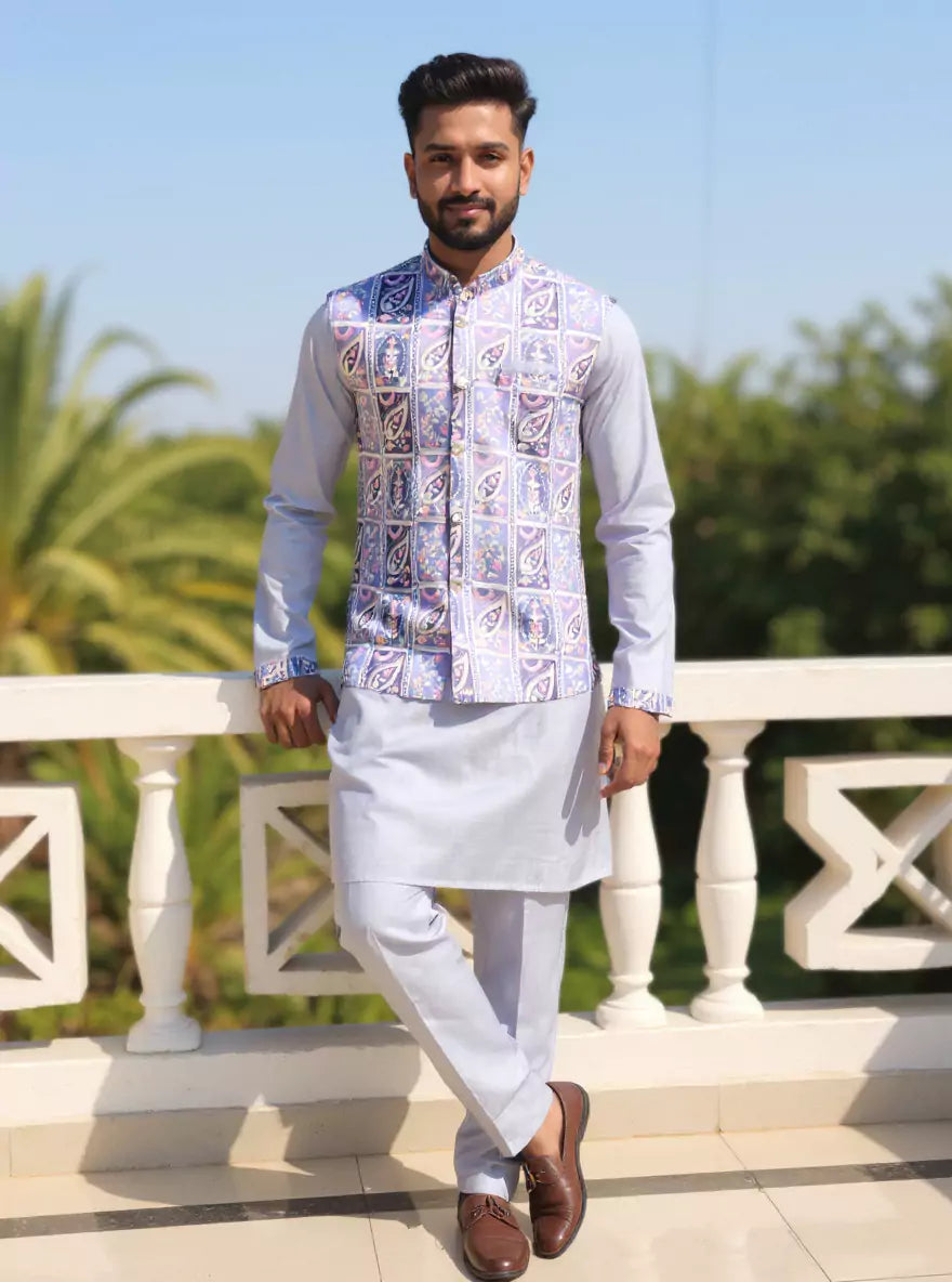 Sky Floral Print with Embellished work Cotton Silk Kurta Jacket Set