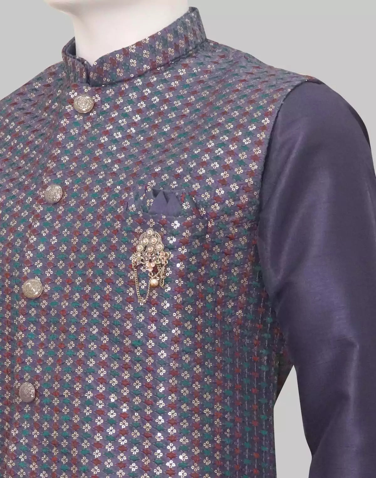 Regular Fit Kurta Pyjama Set with Embellished with Embroidery Jacket