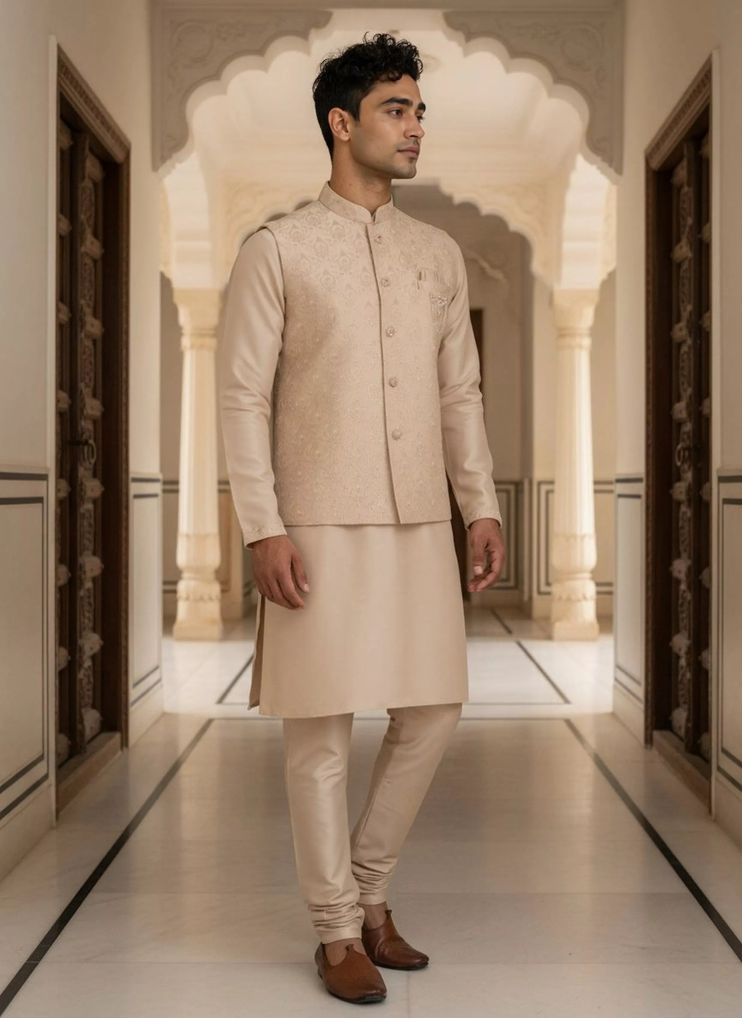 Gold Floral Thread Embroidery work Milky Silk Kurta Jacket Set