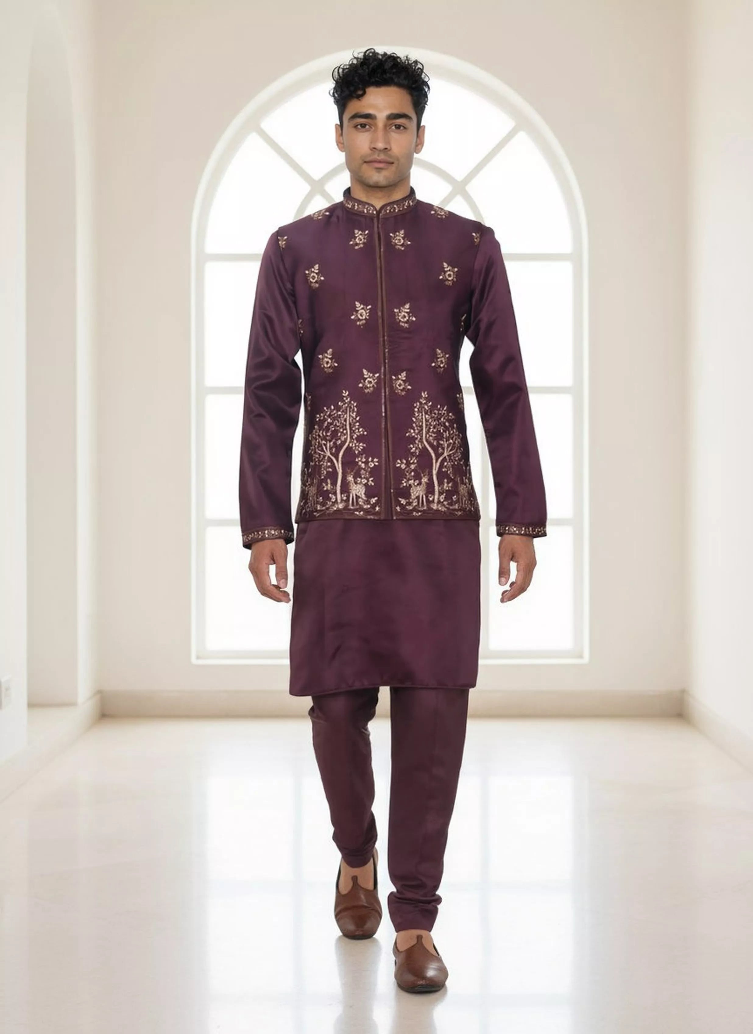 Purple Floral Bunches Embroidery work Satin Kurta Jacket Set