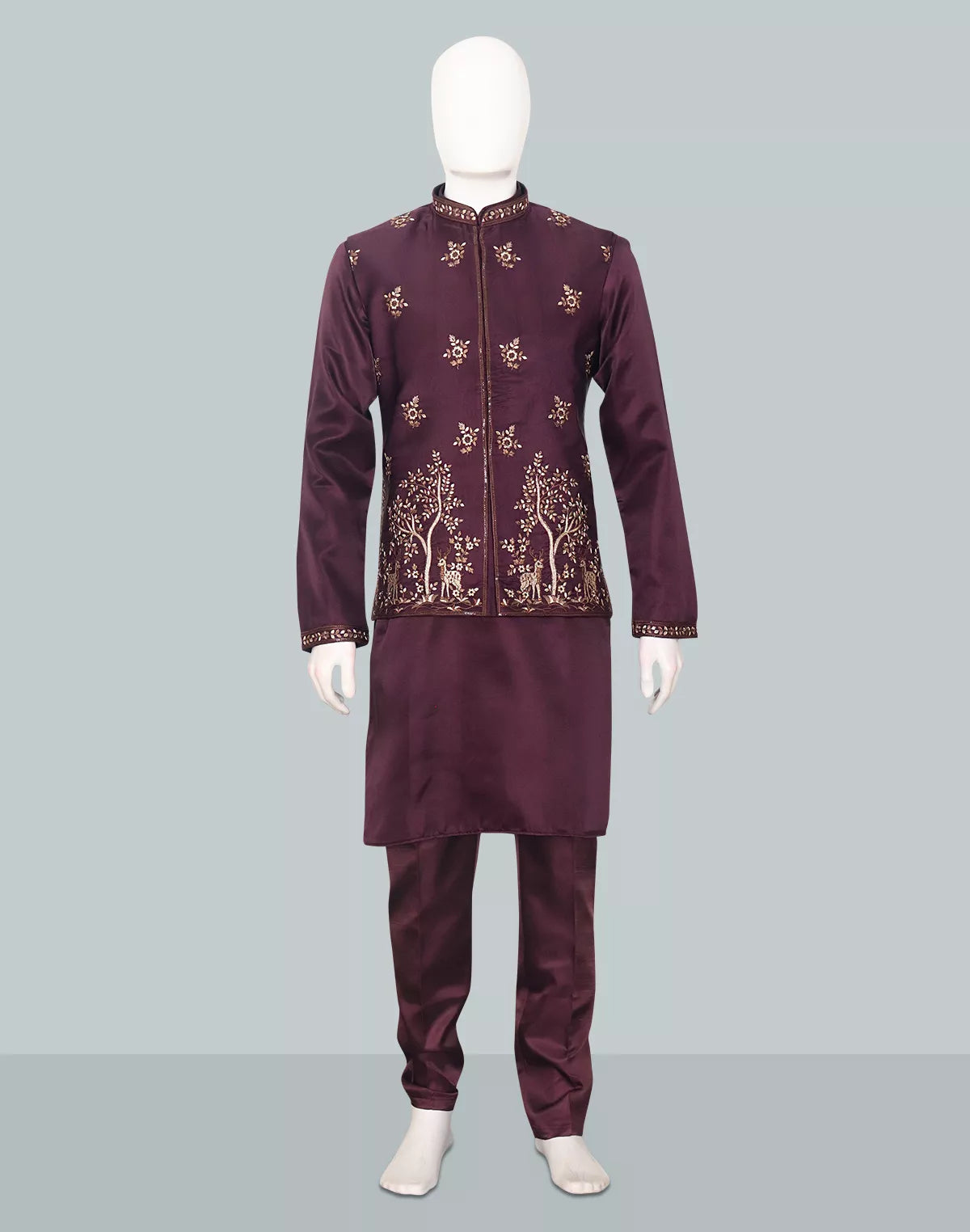 Purple Floral Bunches Embroidery work Satin Kurta Jacket Set