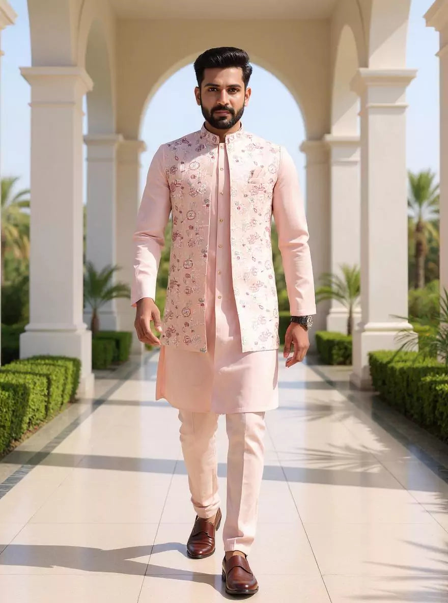 Peach Cotton Silk Kurta with Thread Embroidery Jacket
