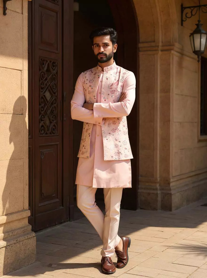Peach Cotton Silk Kurta with Thread Embroidery Jacket