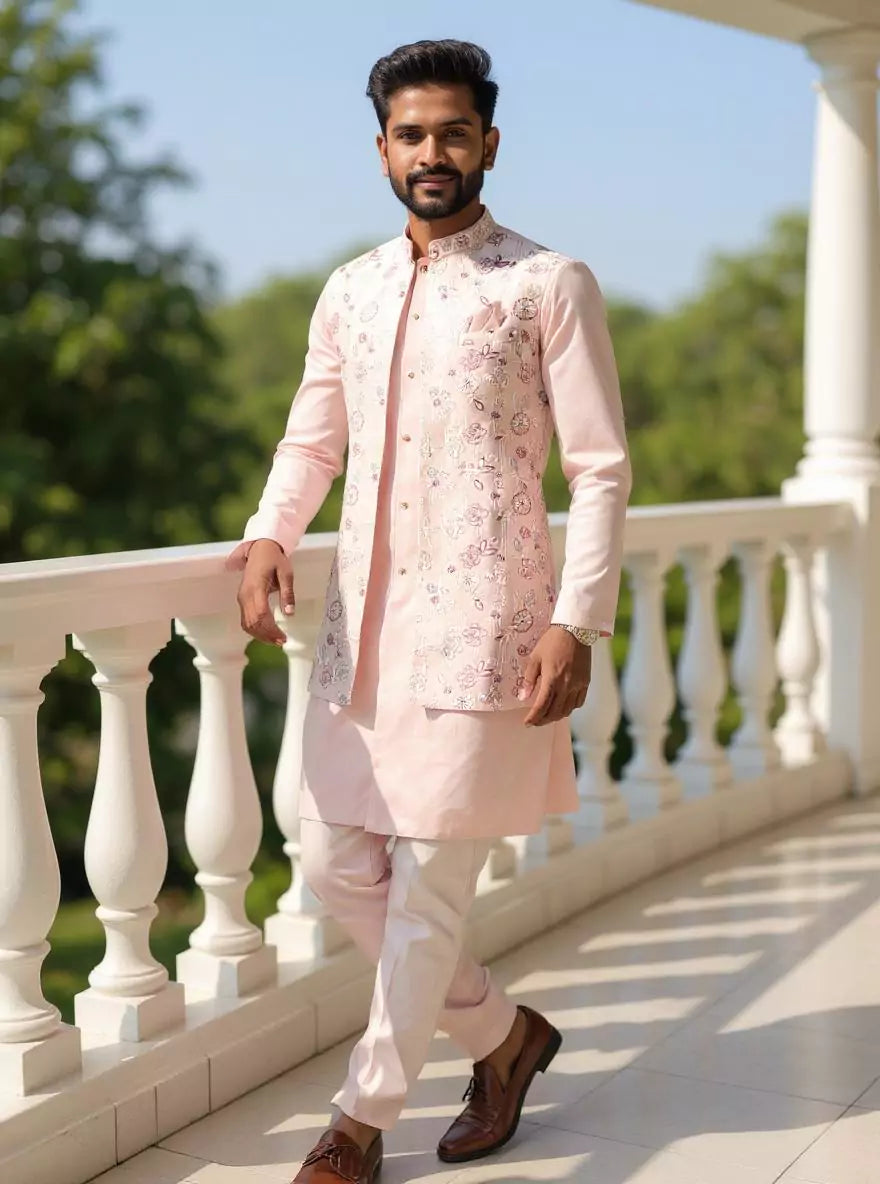 Peach Cotton Silk Kurta with Thread Embroidery Jacket