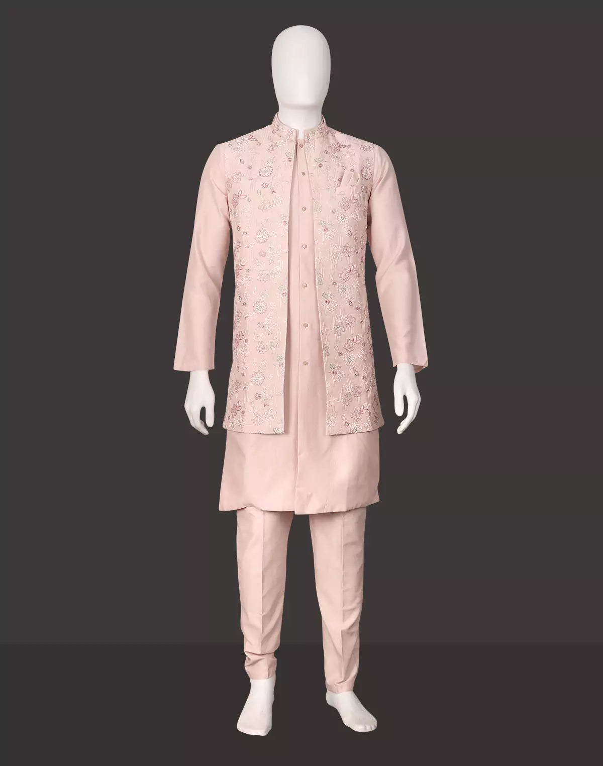 Peach Cotton Silk Kurta with Thread Embroidery Jacket