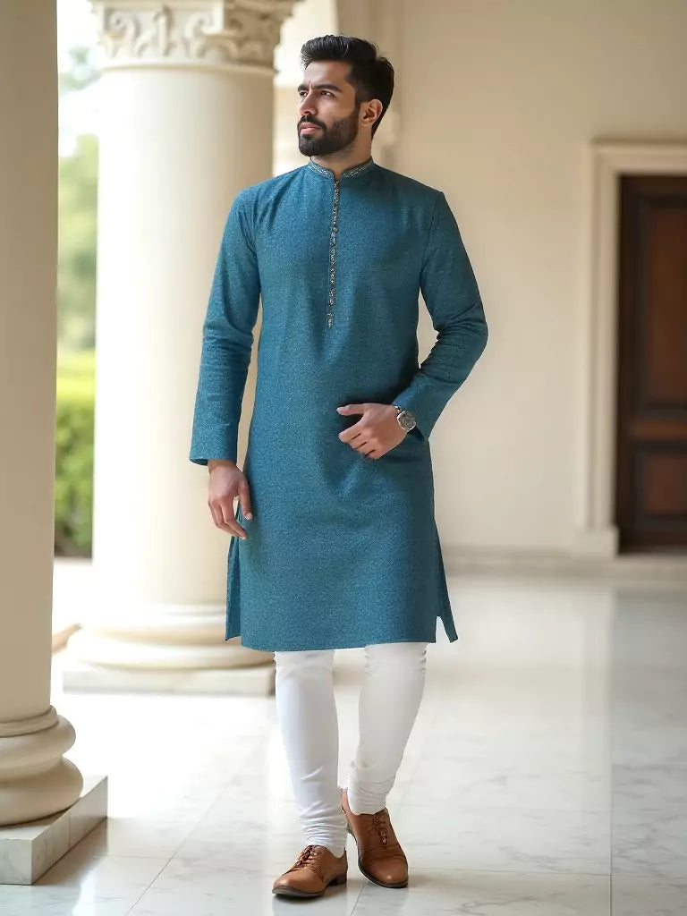 Light Rama Coloured Embellished work Self Design Jacquard Kurta Set