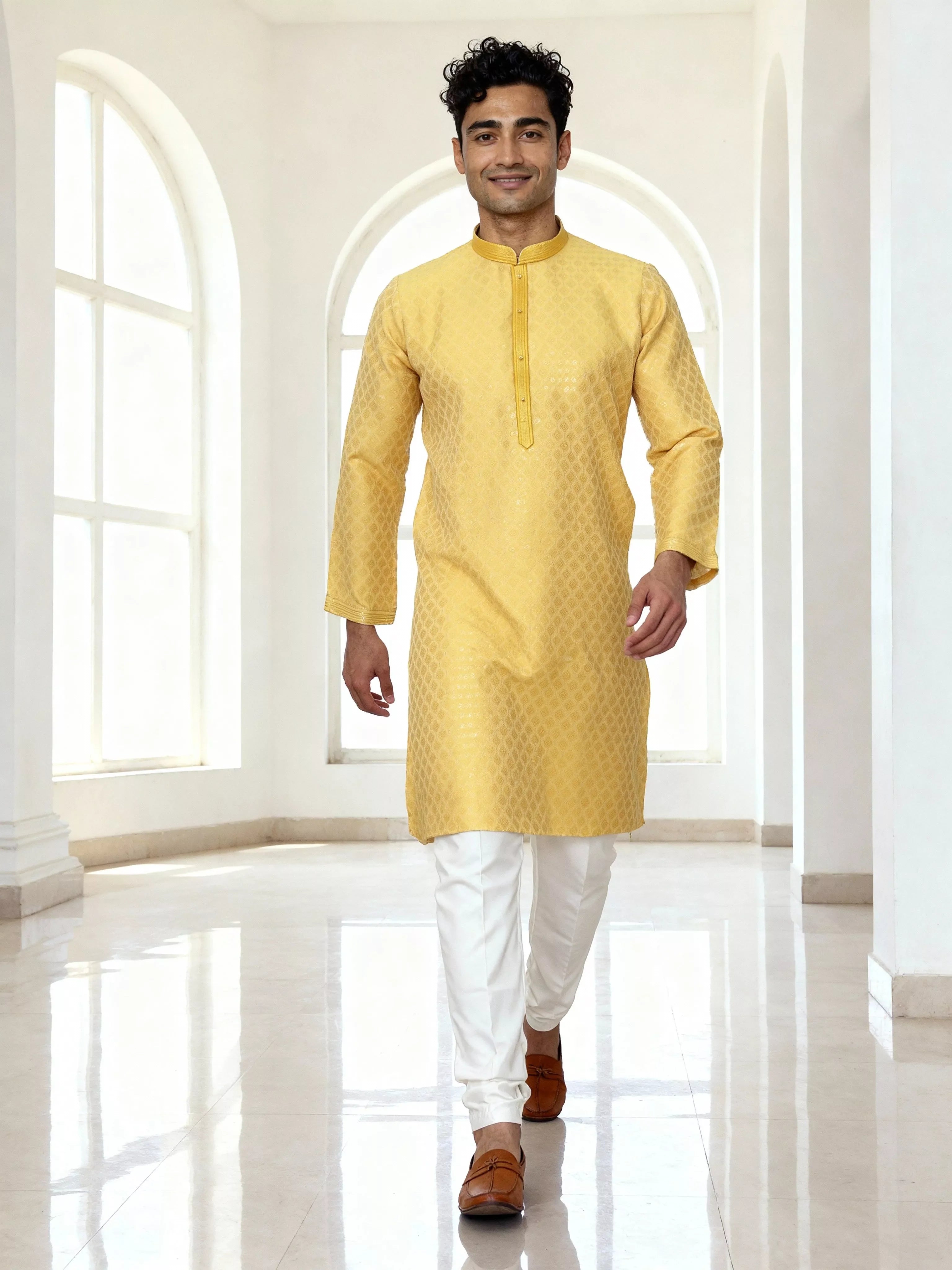 Bright Yellow Trellis Patterned Jacquard Kurta Pyjama