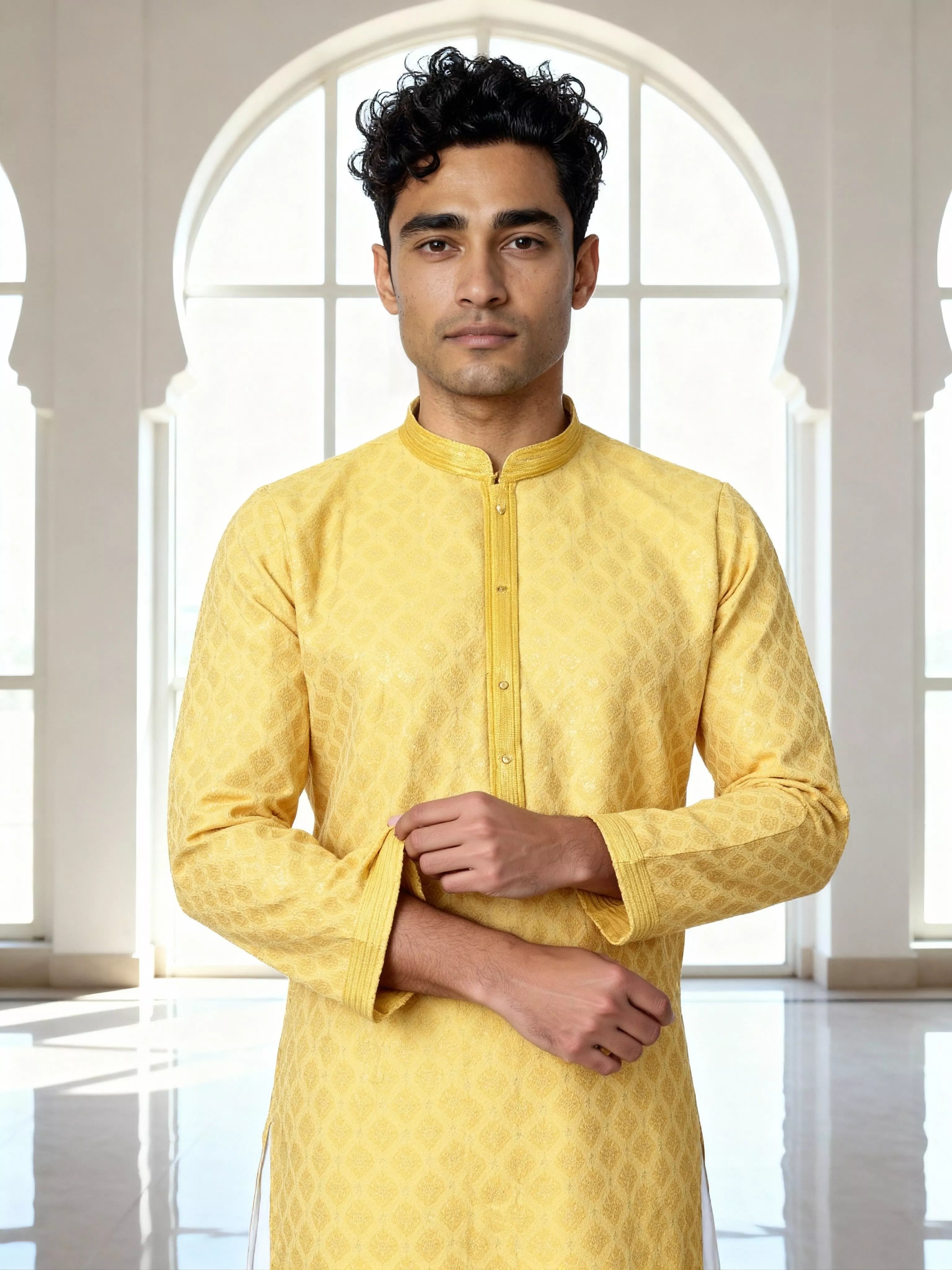 Bright Yellow Trellis Patterned Jacquard Kurta Pyjama