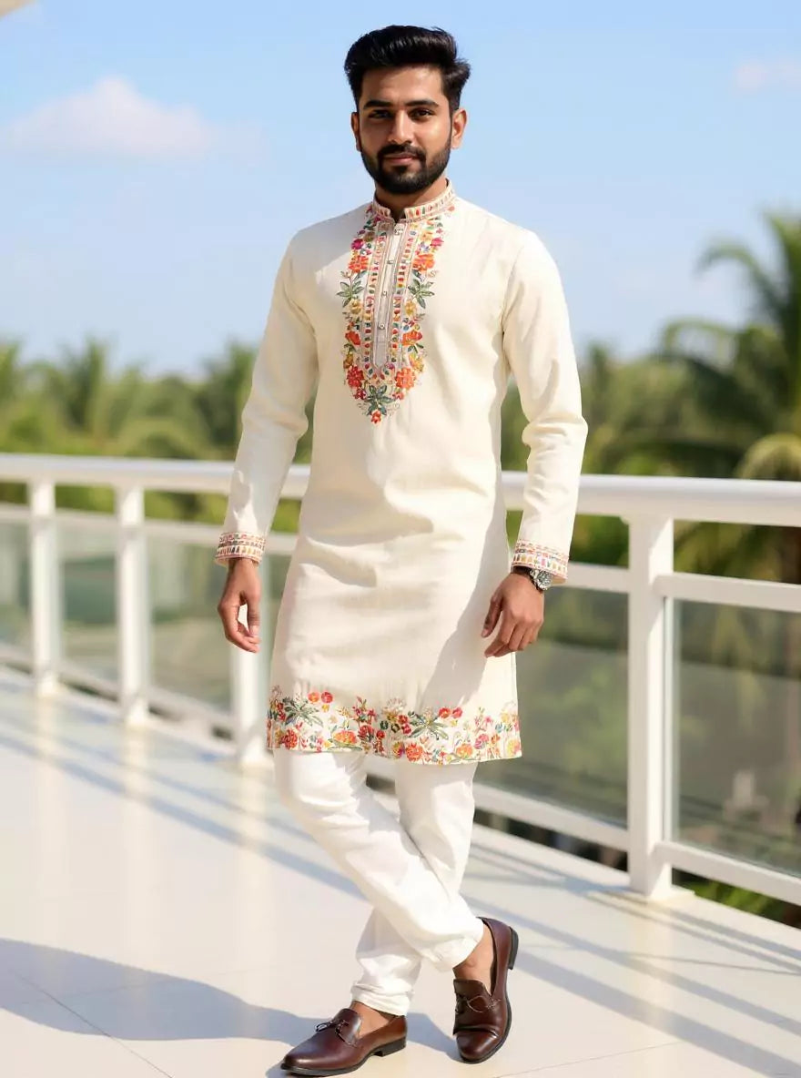 Cloud Cream Embroidered Floral Cotton Silk Kurta Pyjama Set
