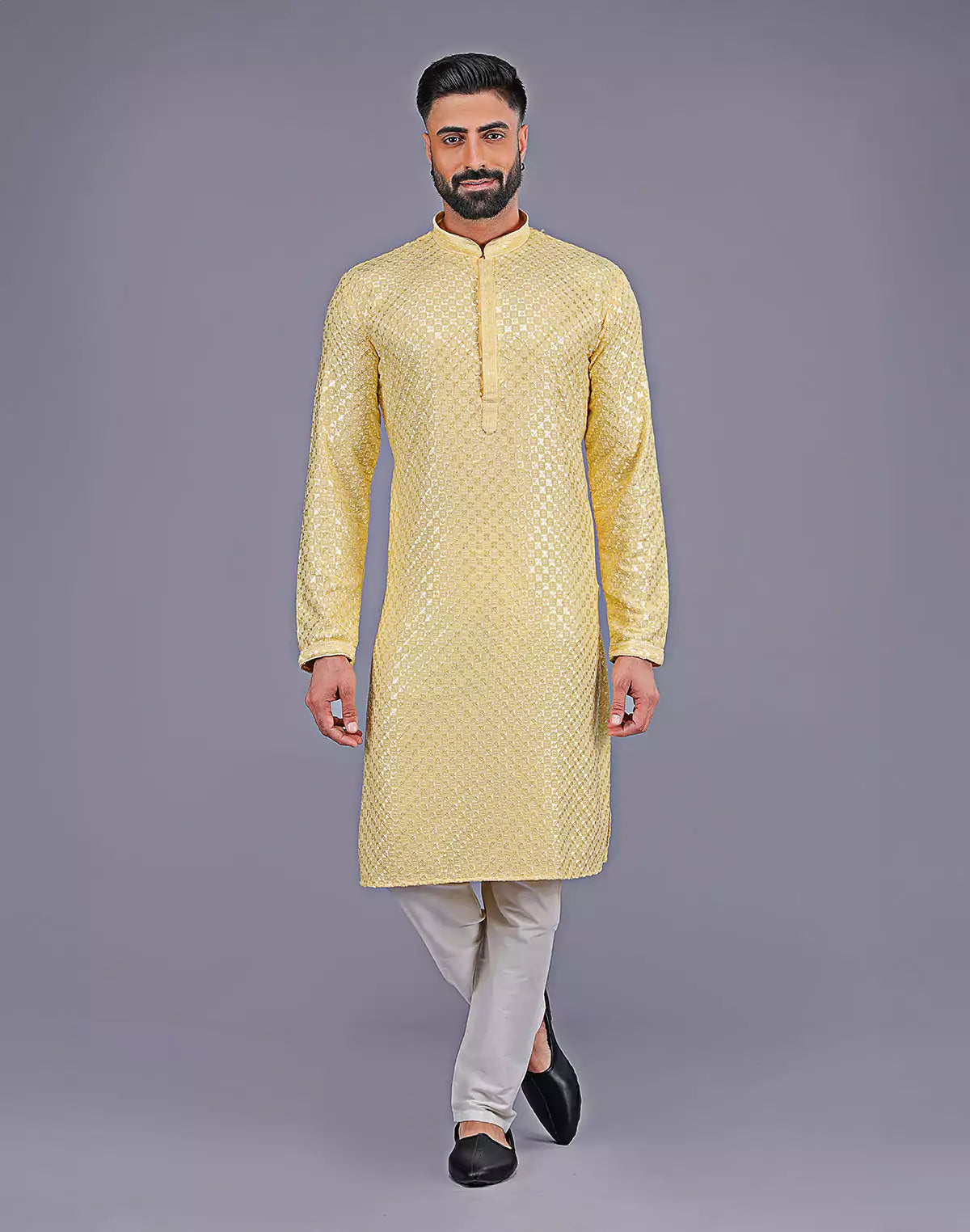 Light Yellow Self Floral Design Thread Embroidery work Kurta Set