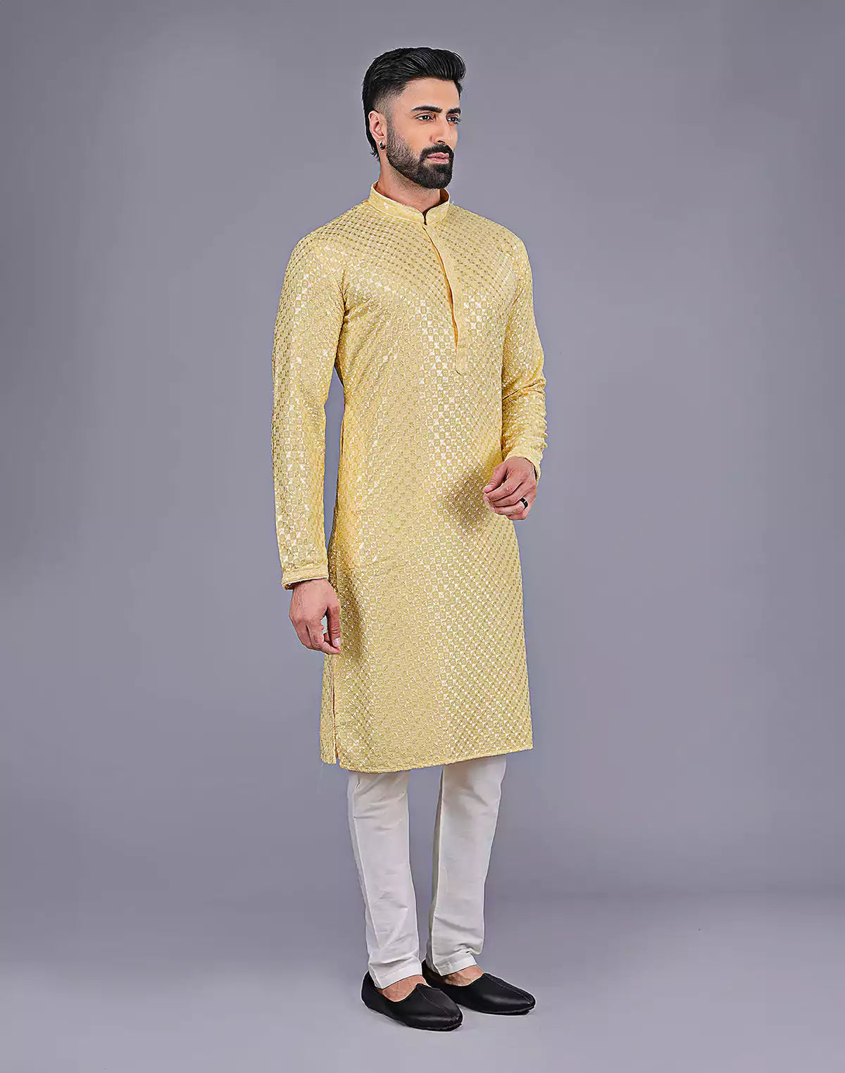 Light Yellow Self Floral Design Thread Embroidery work Kurta Set