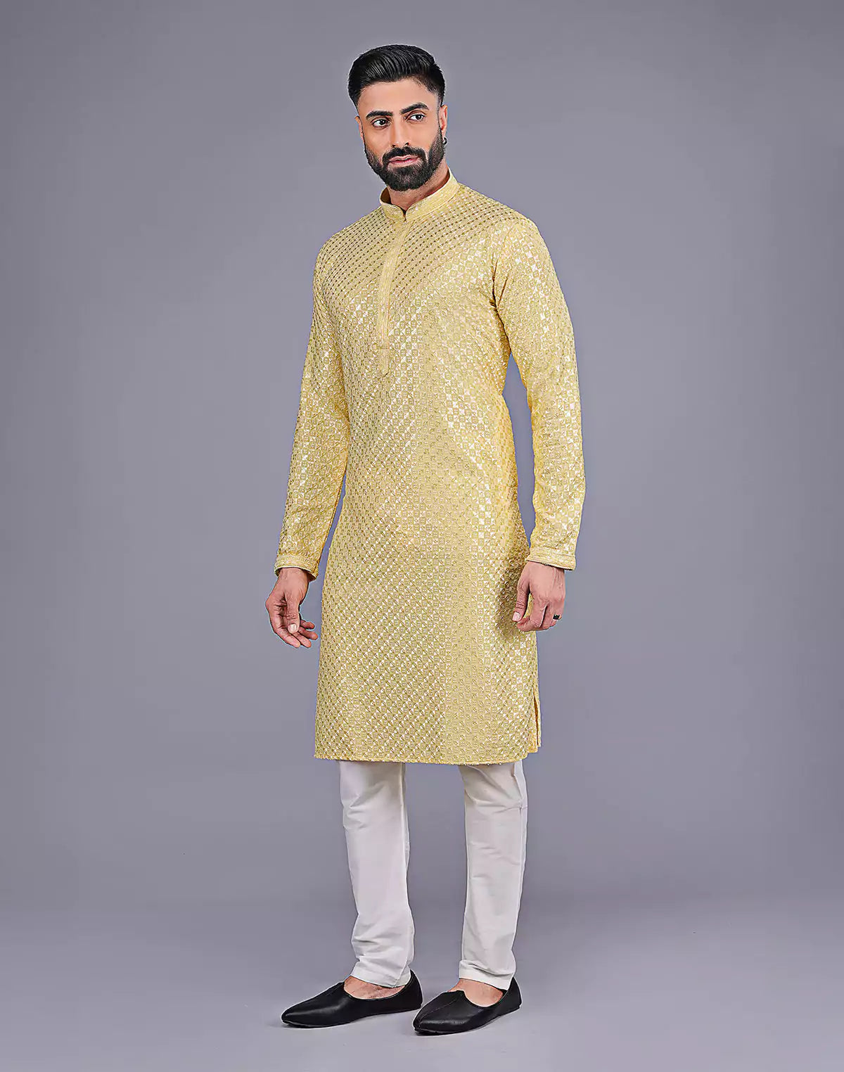 Light Yellow Self Floral Design Thread Embroidery work Kurta Set