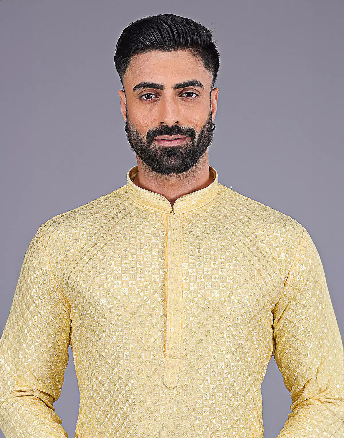 Light Yellow Self Floral Design Thread Embroidery work Kurta Set