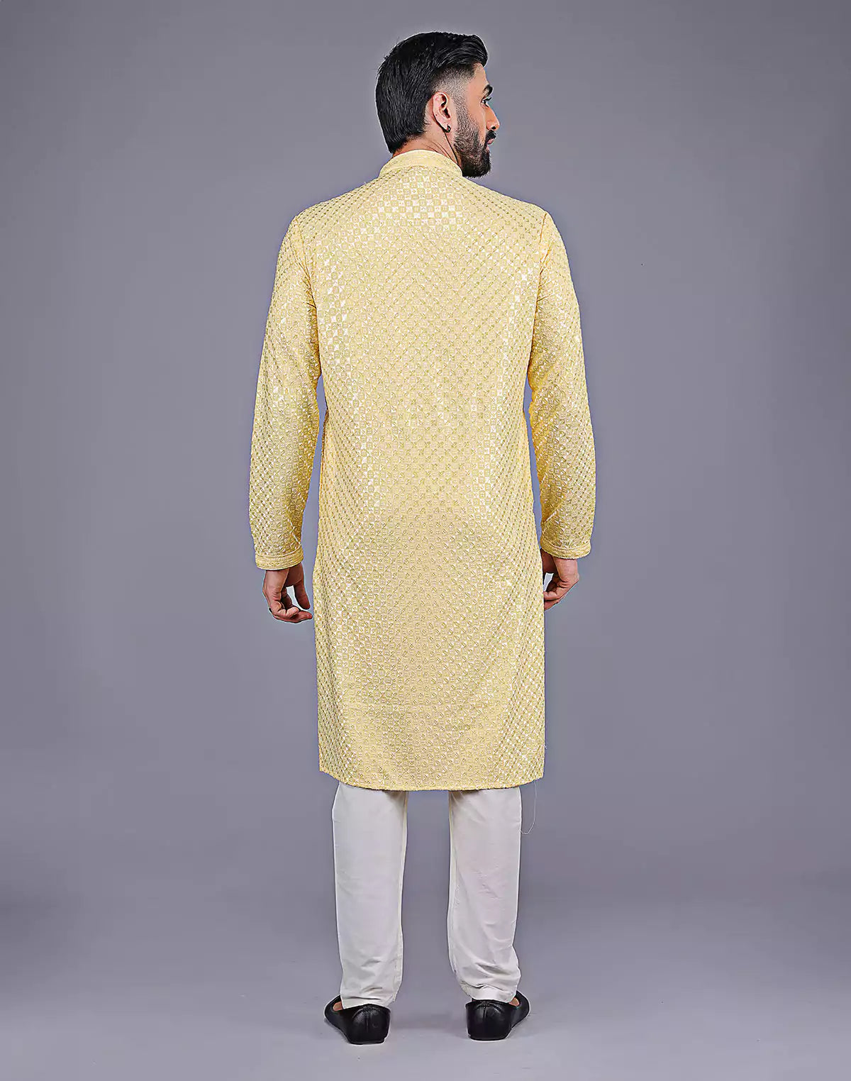 Light Yellow Self Floral Design Thread Embroidery work Kurta Set