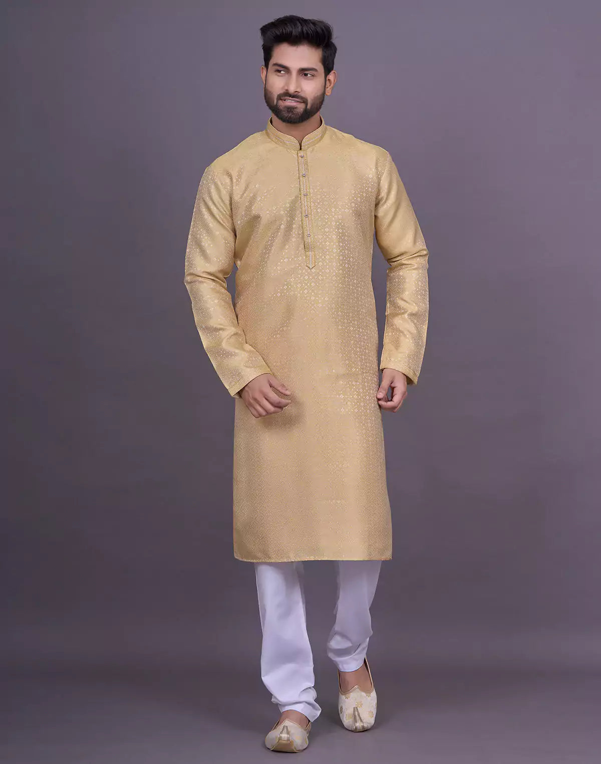 Gold Coloured Self Design Jacquard Kurta Pajama