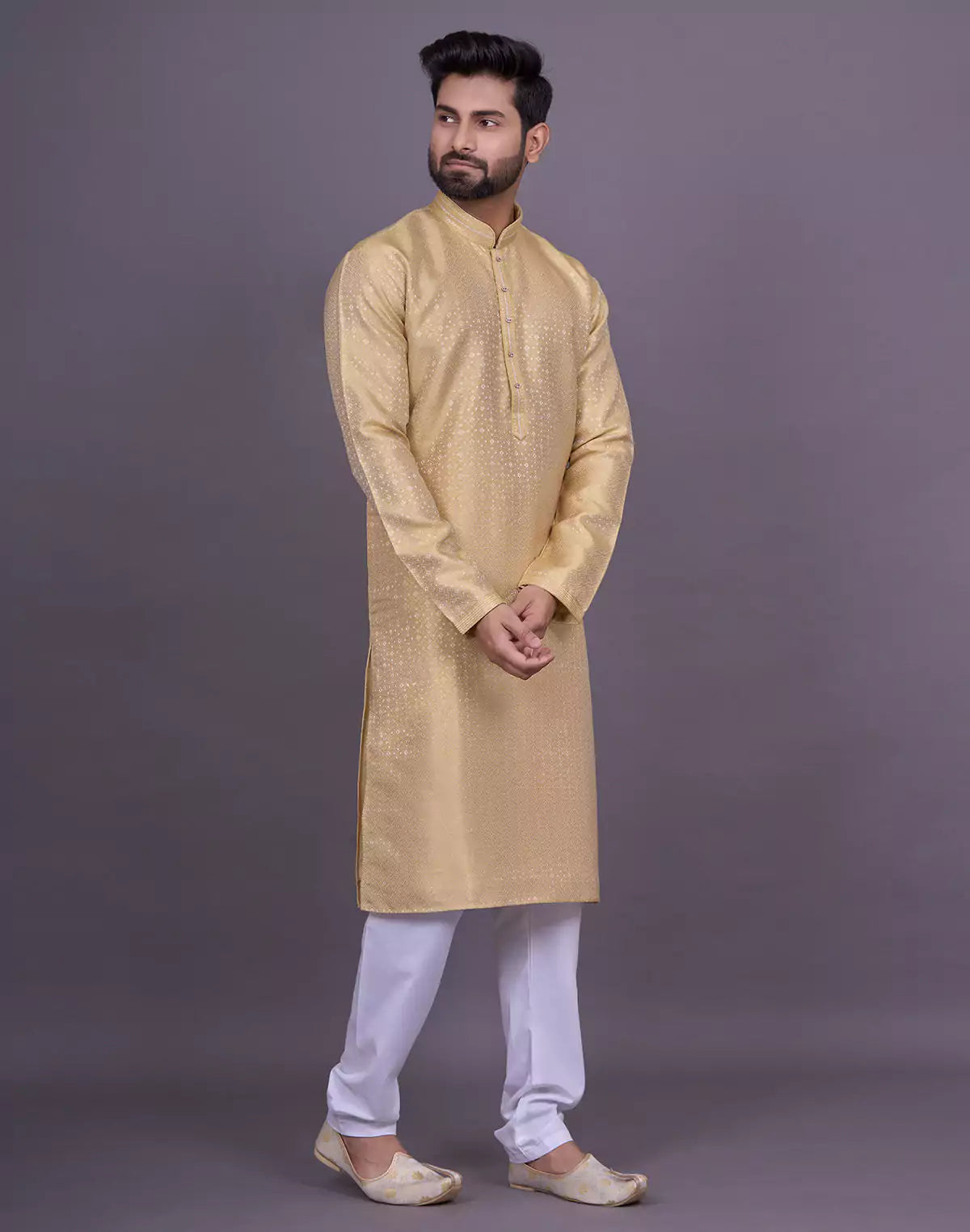 Gold Coloured Self Design Jacquard Kurta Pajama