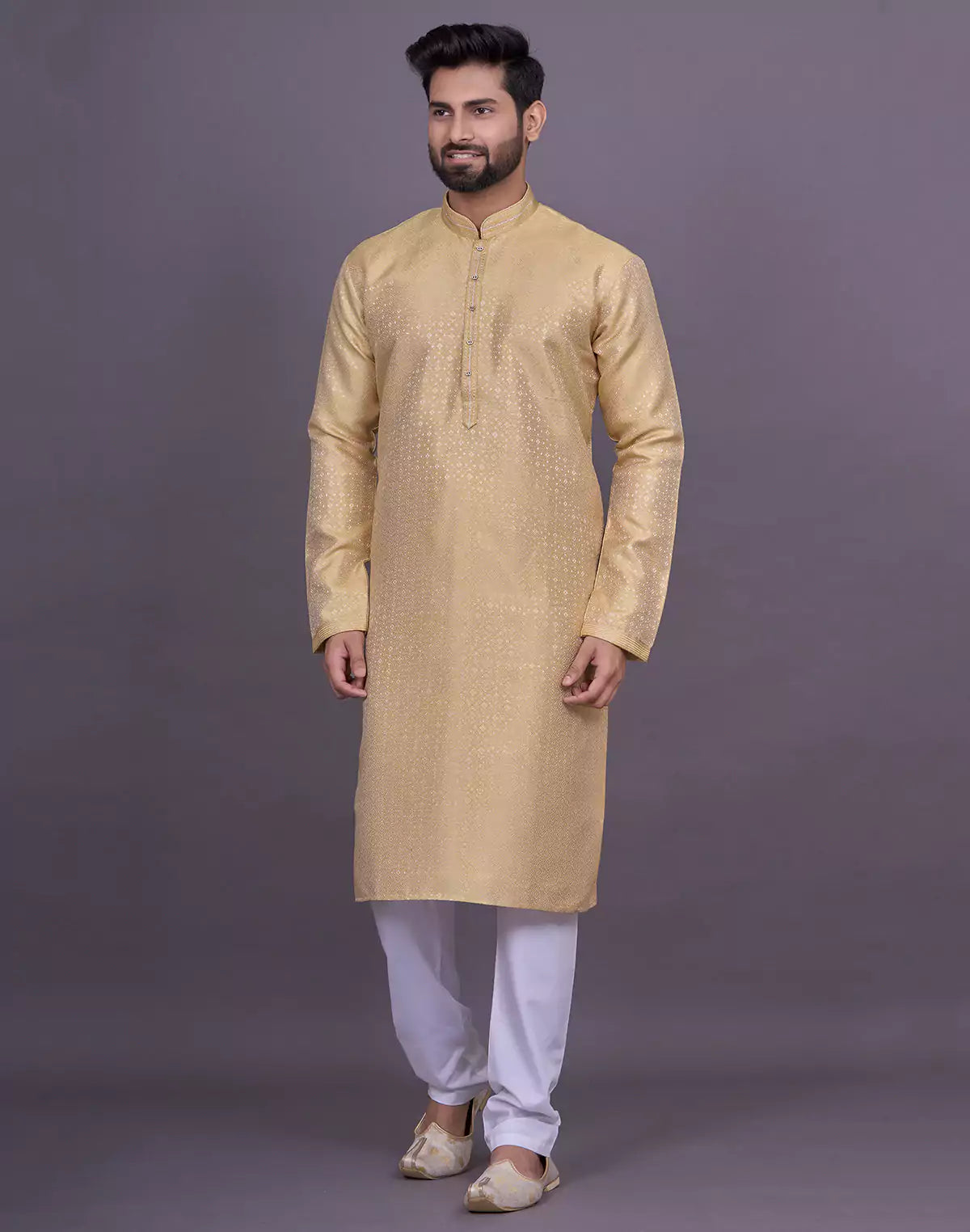 Gold Coloured Self Design Jacquard Kurta Pajama
