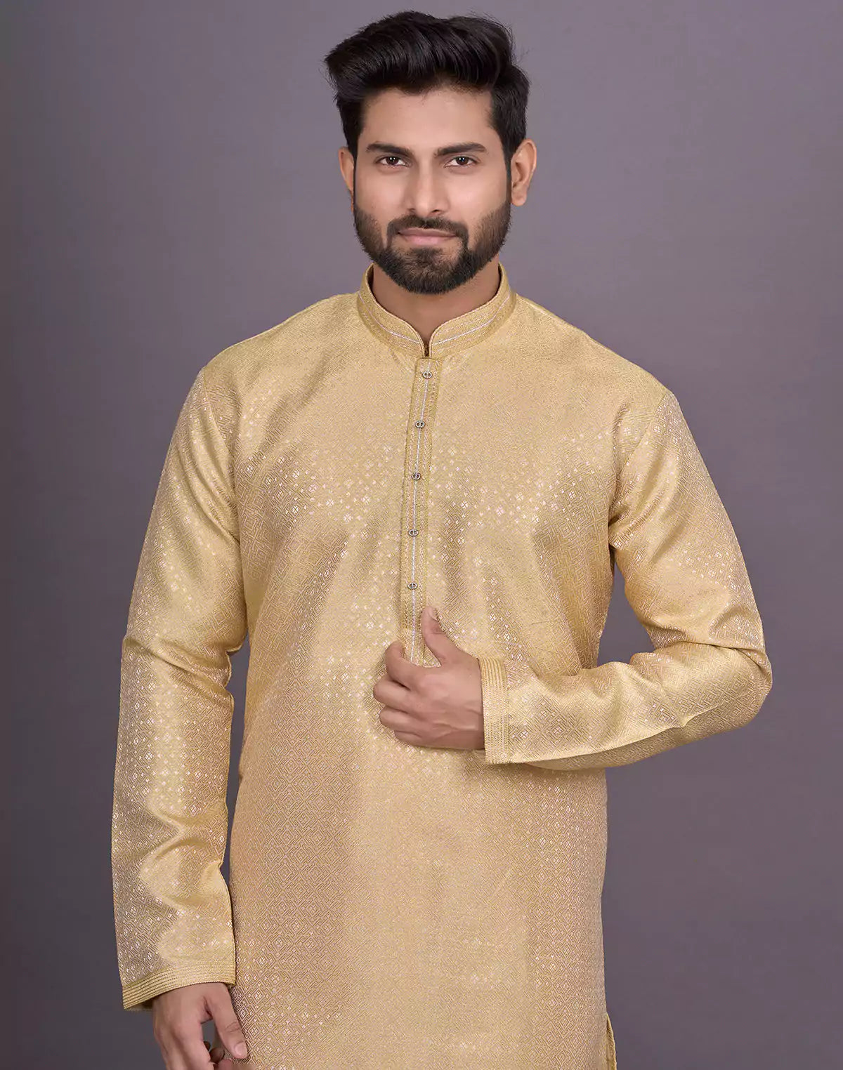 Gold Coloured Self Design Jacquard Kurta Pajama