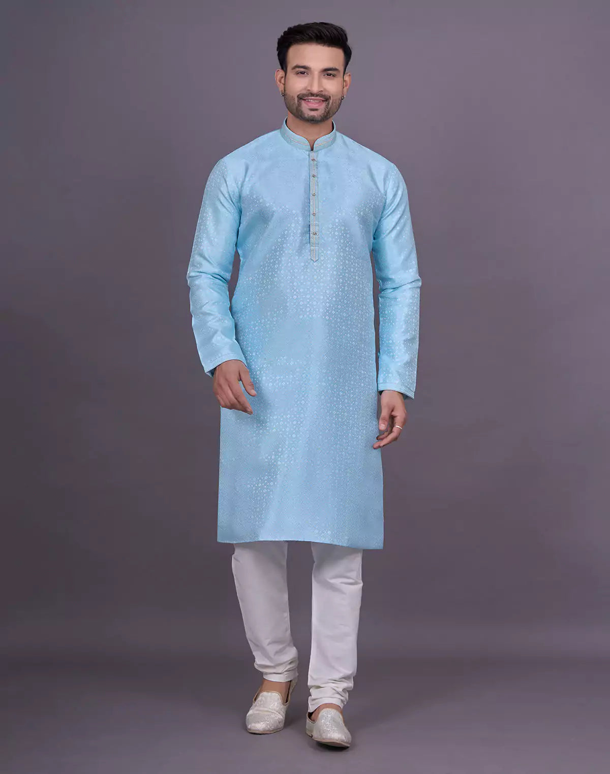 Self Geometric Design Sky Colour Jacquard Kurta Pajama