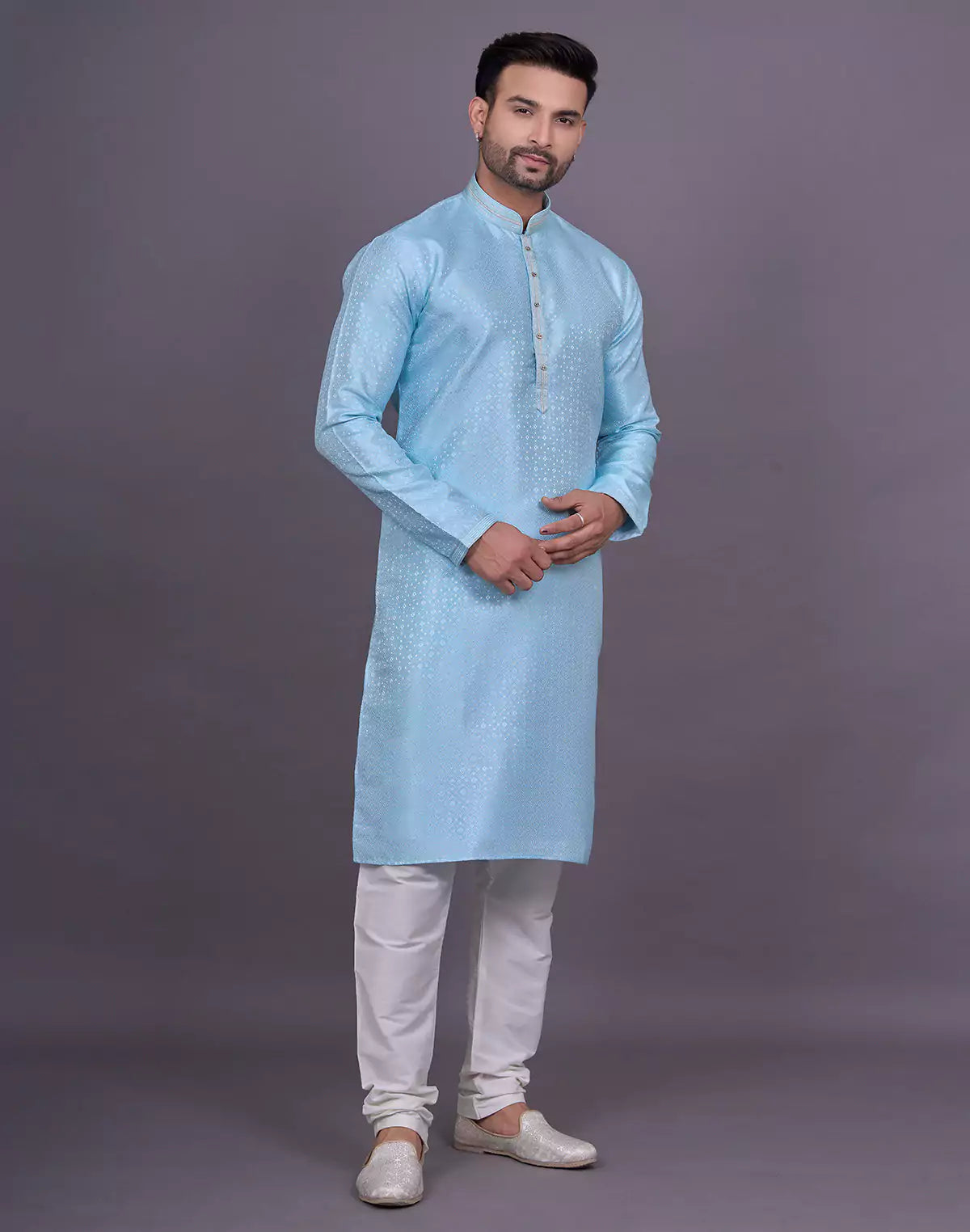 Self Geometric Design Sky Colour Jacquard Kurta Pajama
