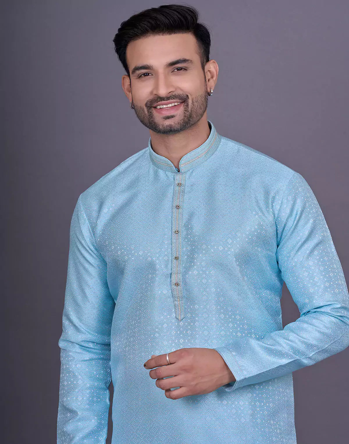 Self Geometric Design Sky Colour Jacquard Kurta Pajama