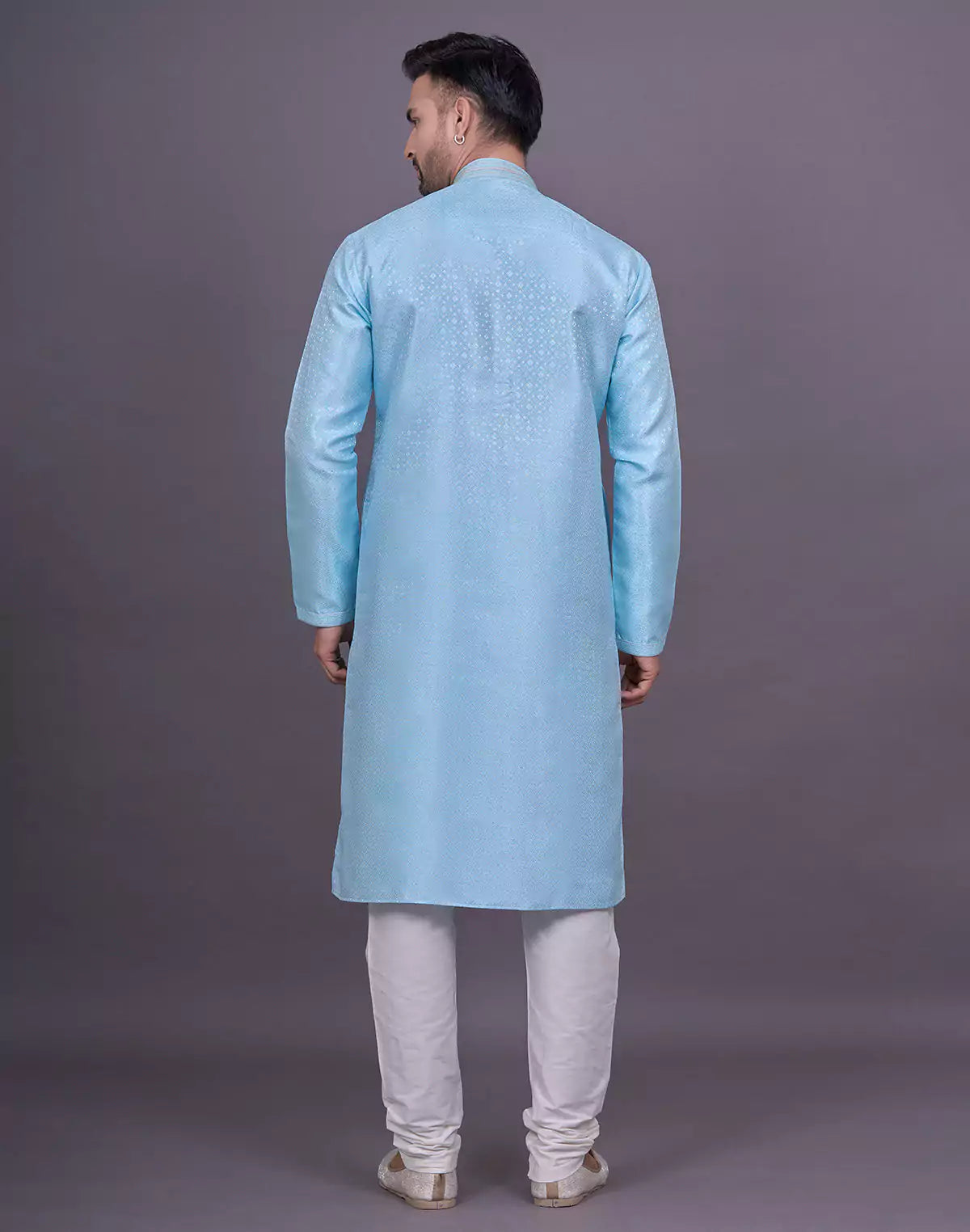 Self Geometric Design Sky Colour Jacquard Kurta Pajama