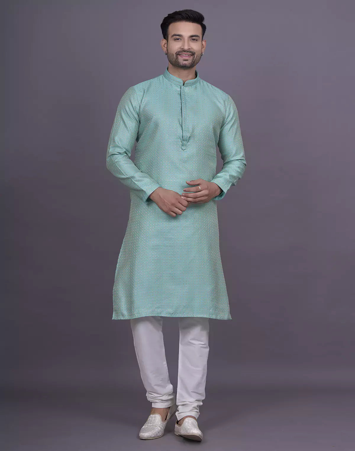 Firozi Coloured Jacquard Kurta Pyjama Set