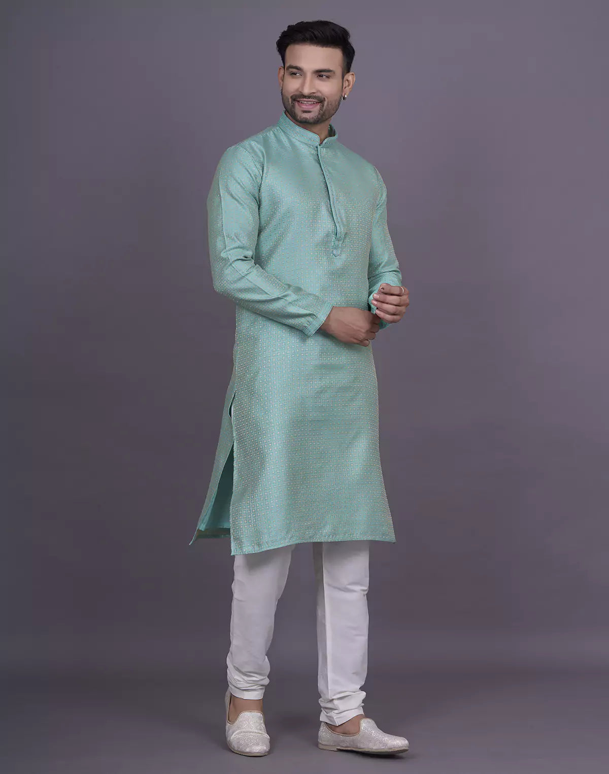 Firozi Coloured Jacquard Kurta Pyjama Set