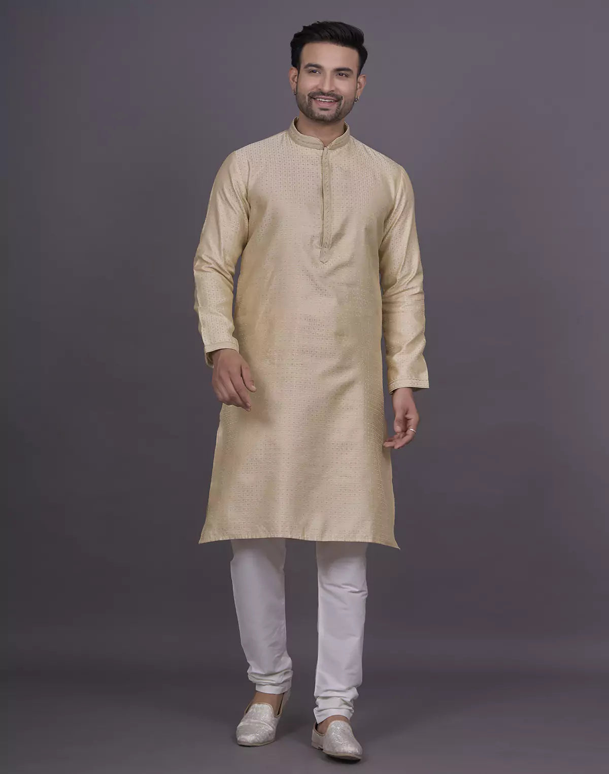 Jacquard Cream Colour Kurta Pyjama Set
