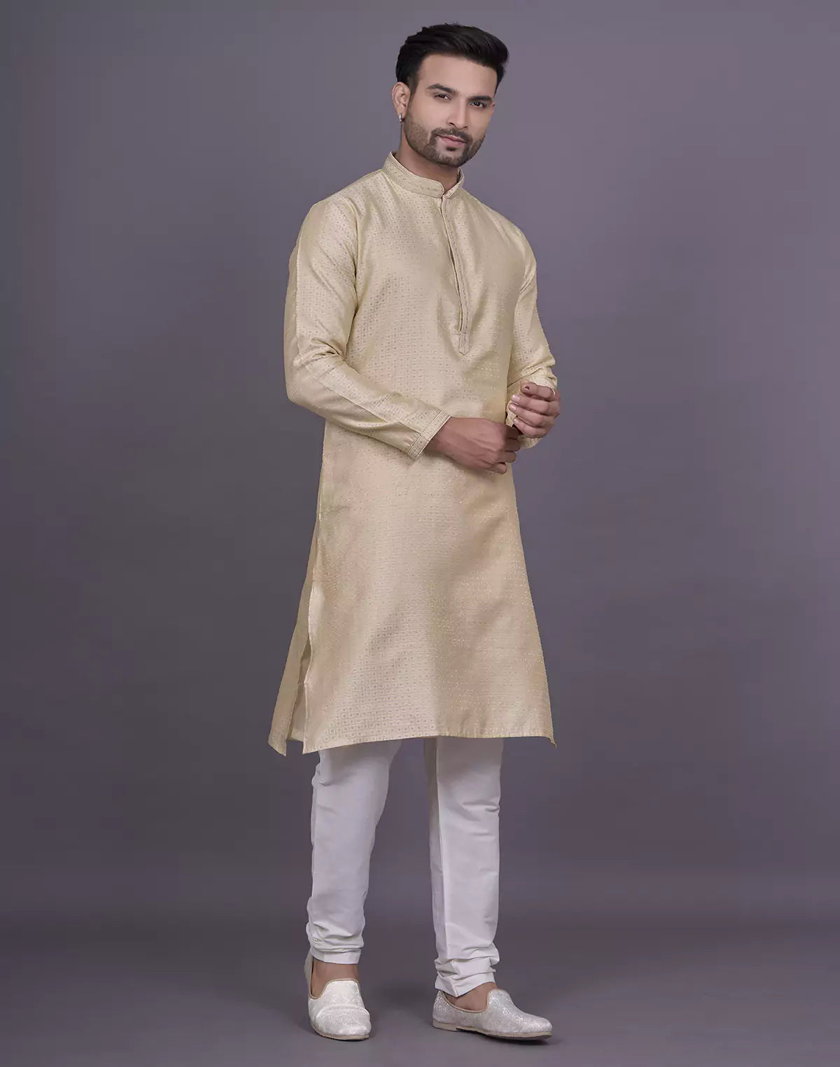 Jacquard Cream Colour Kurta Pyjama Set