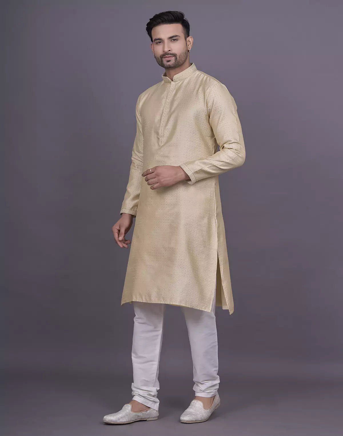 Jacquard Cream Colour Kurta Pyjama Set