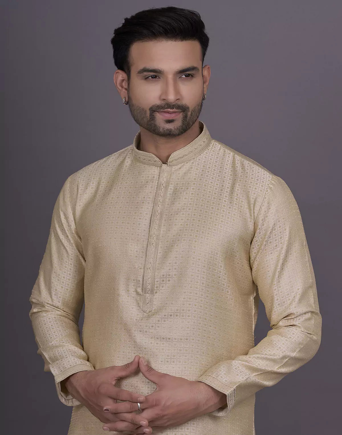 Jacquard Cream Colour Kurta Pyjama Set