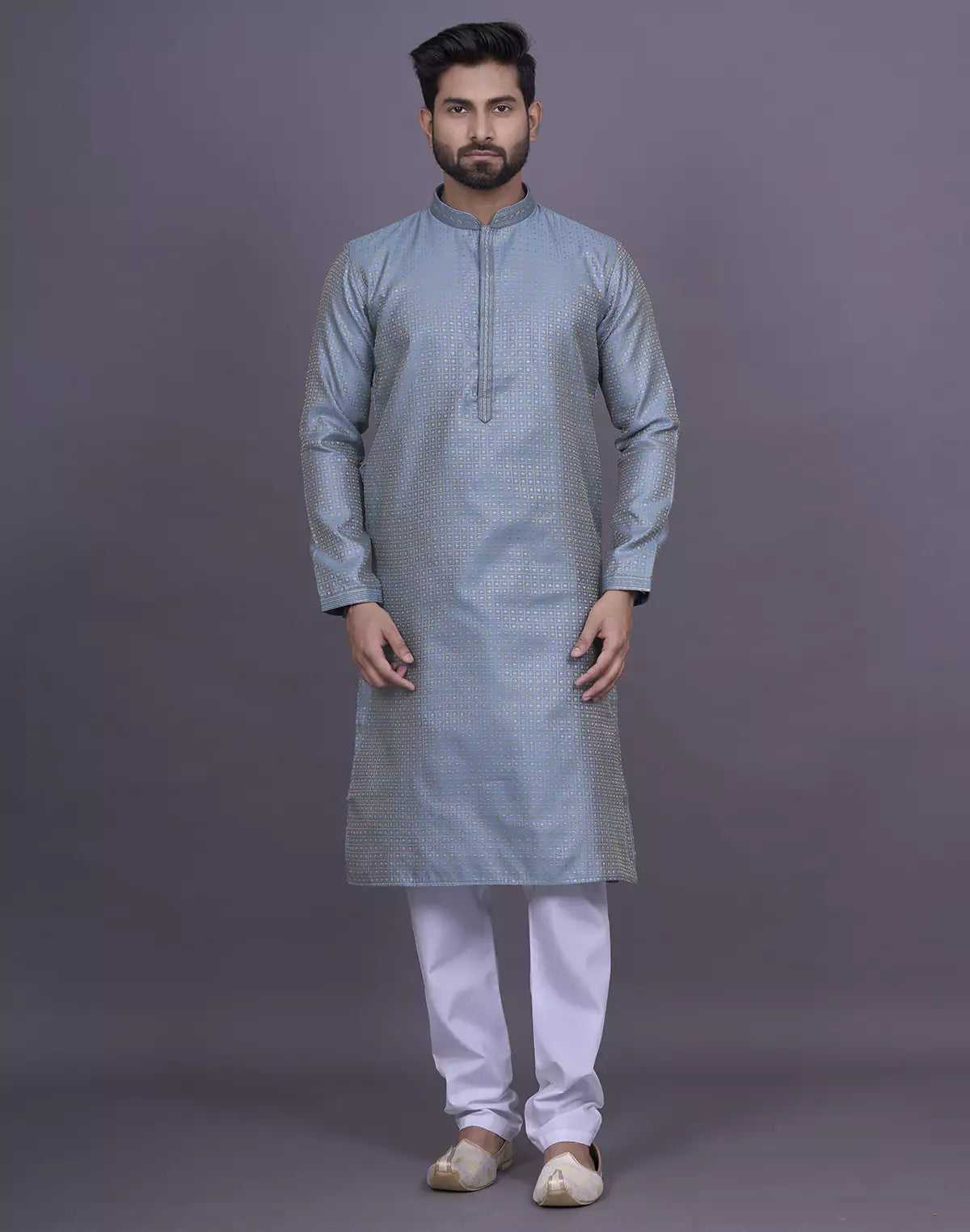 Dark Grey Jacquard Kurta Pyjama Set