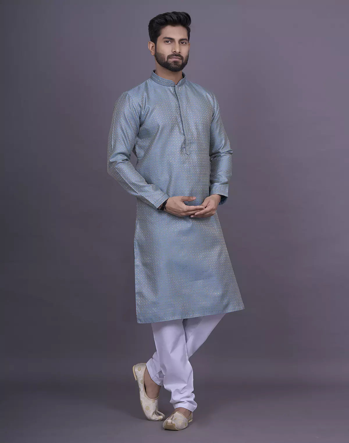 Dark Grey Jacquard Kurta Pyjama Set