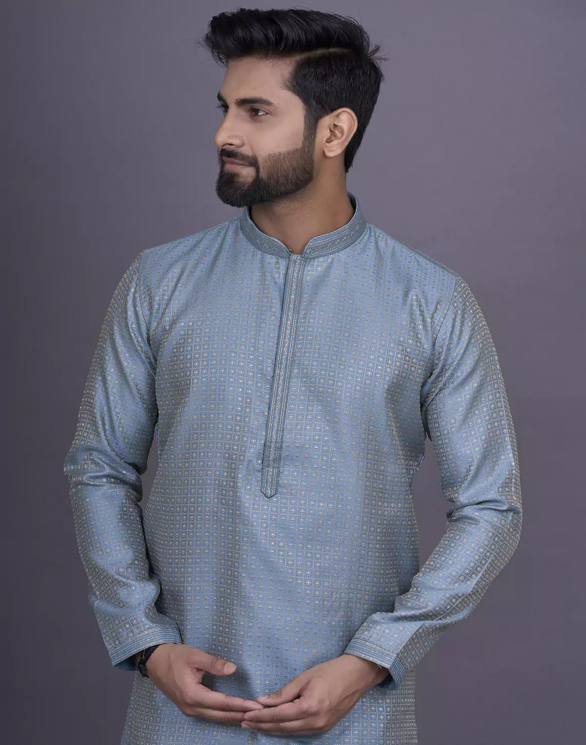 Dark Grey Jacquard Kurta Pyjama Set