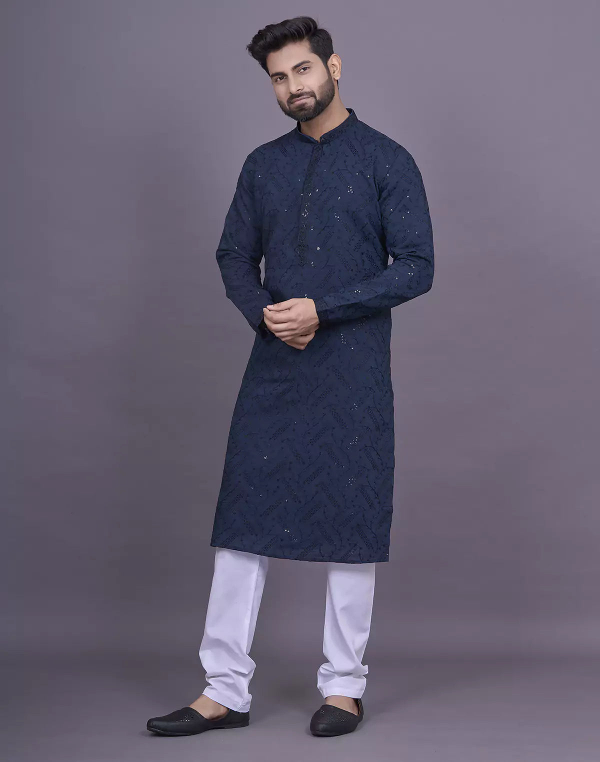 all over self embellished work blue georgette kurta pyjama set