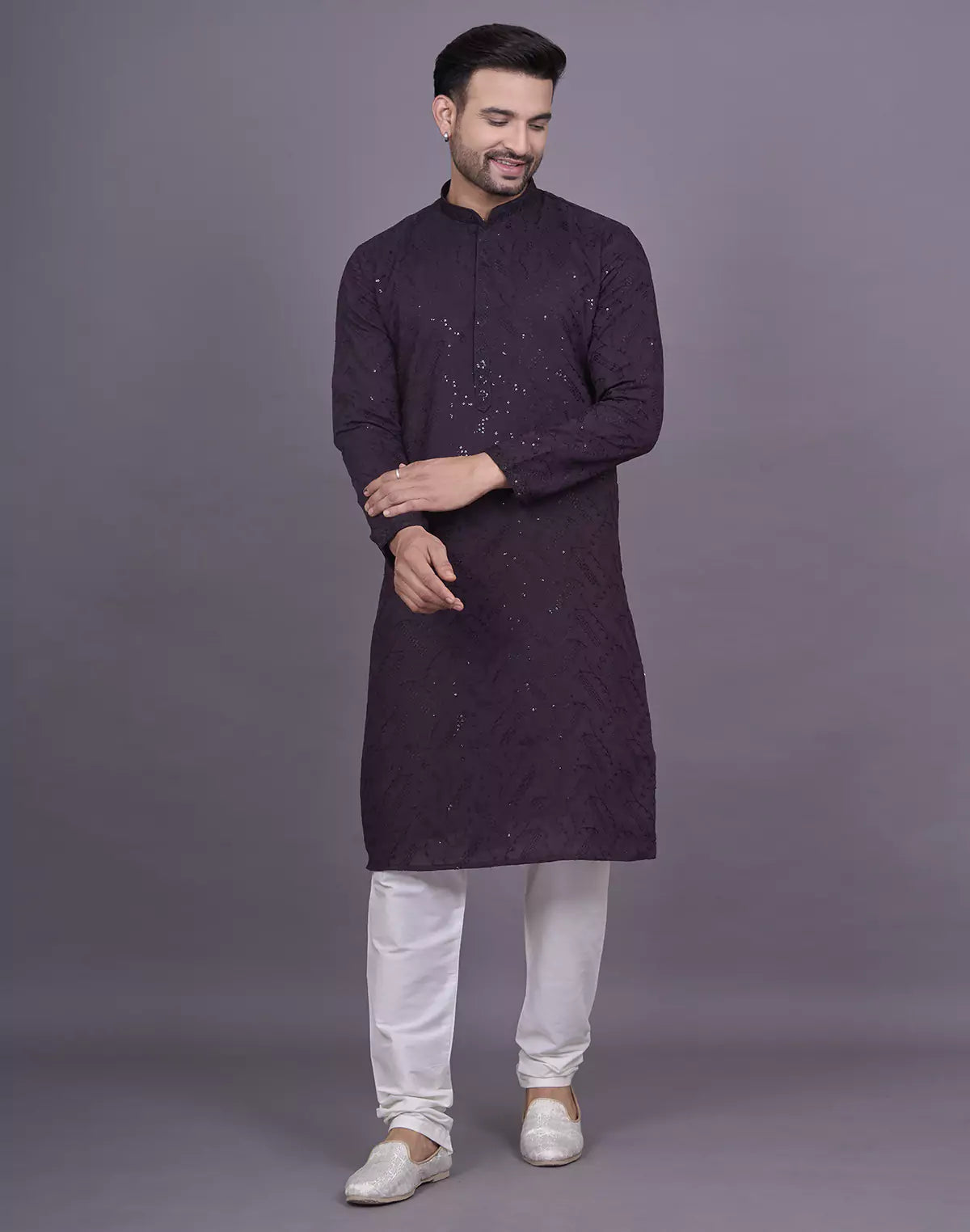 all over self embellished work wine georgette kurta pyjama set