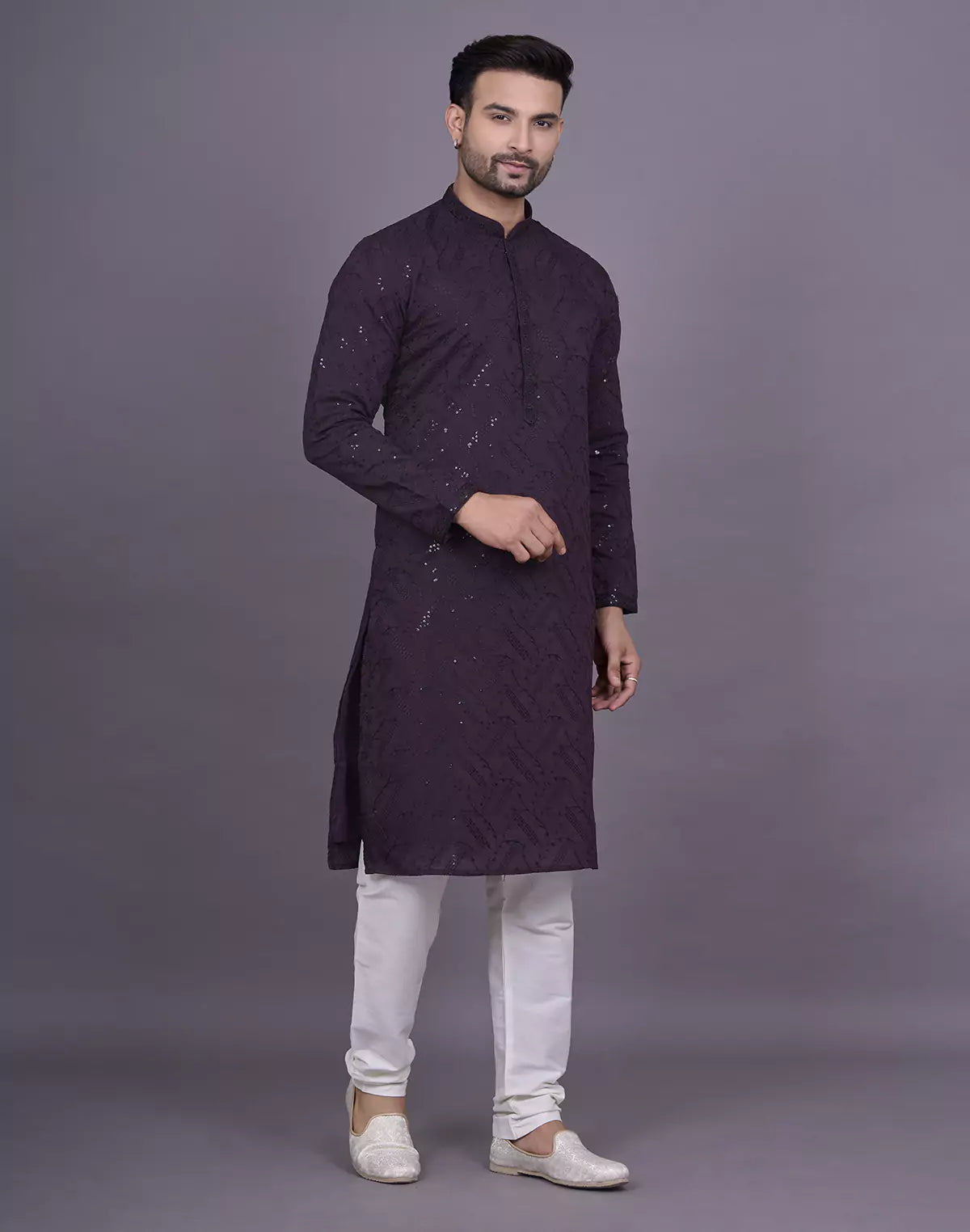 all over self embellished work wine georgette kurta pyjama set