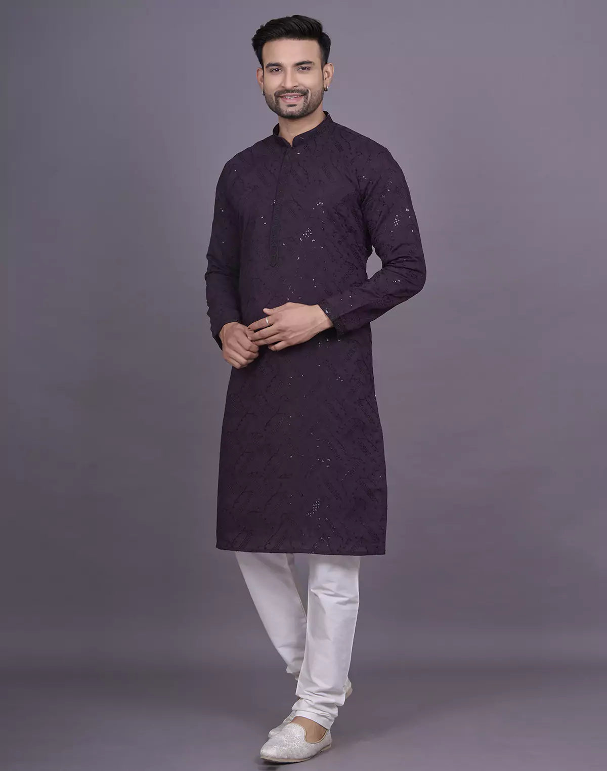 all over self embellished work wine georgette kurta pyjama set