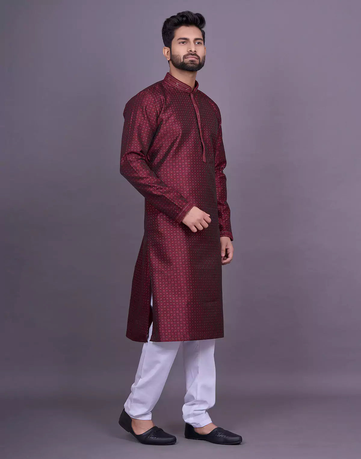Maroon Self Brocade Jacquard Kurta Pyjama