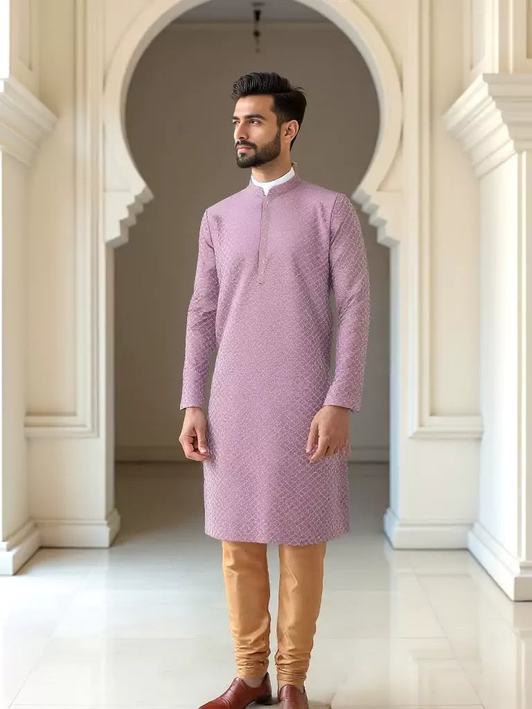 Onion Colour Self Brocade Thread work Jacquard Kurta Set