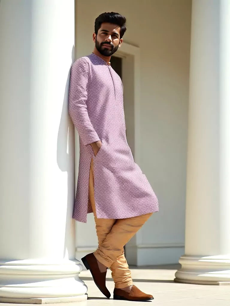 Onion Colour Self Brocade Thread work Jacquard Kurta Set