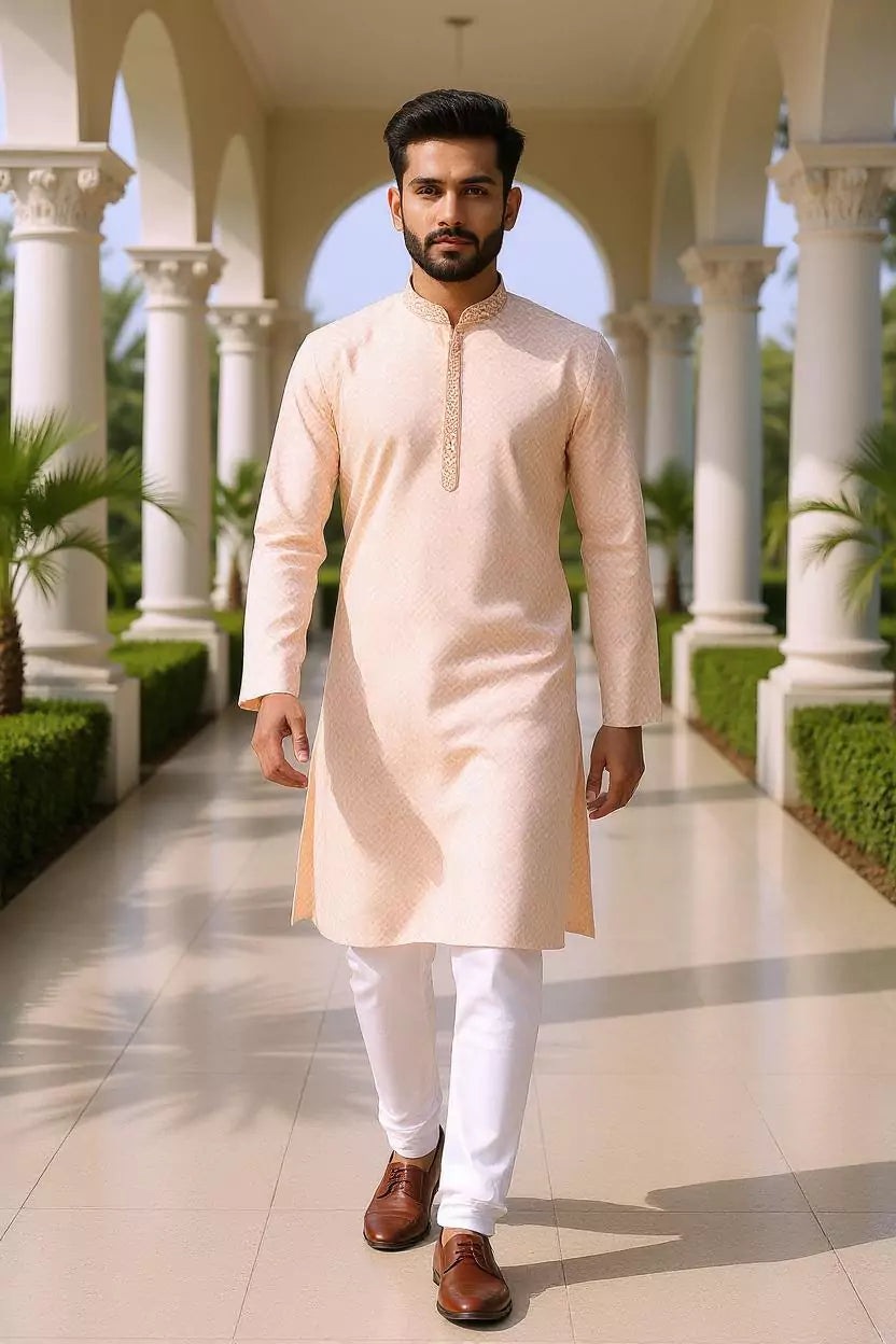 Elegance Onion Self Patterned Cotton Kurta Pyjama Set