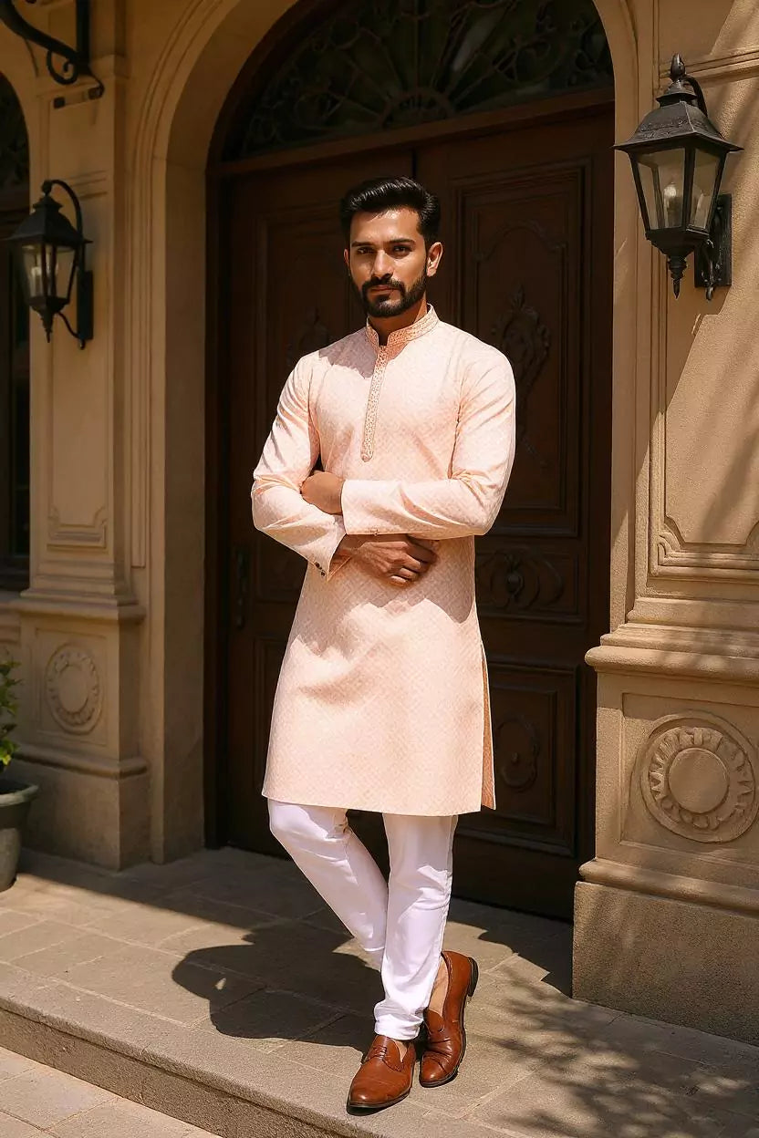 Elegance Onion Self Patterned Cotton Kurta Pyjama Set
