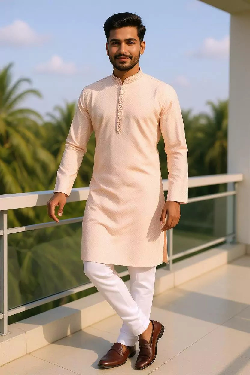 Elegance Onion Self Patterned Cotton Kurta Pyjama Set