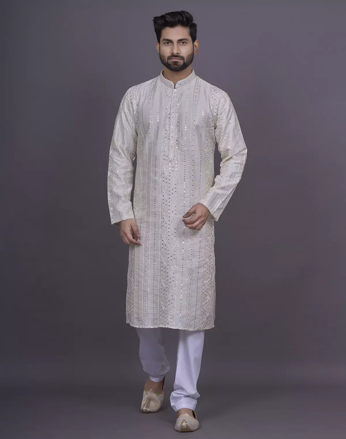 Self Floral Sequence with Thread work Cream Raw Silk Kurta Pyjama Set