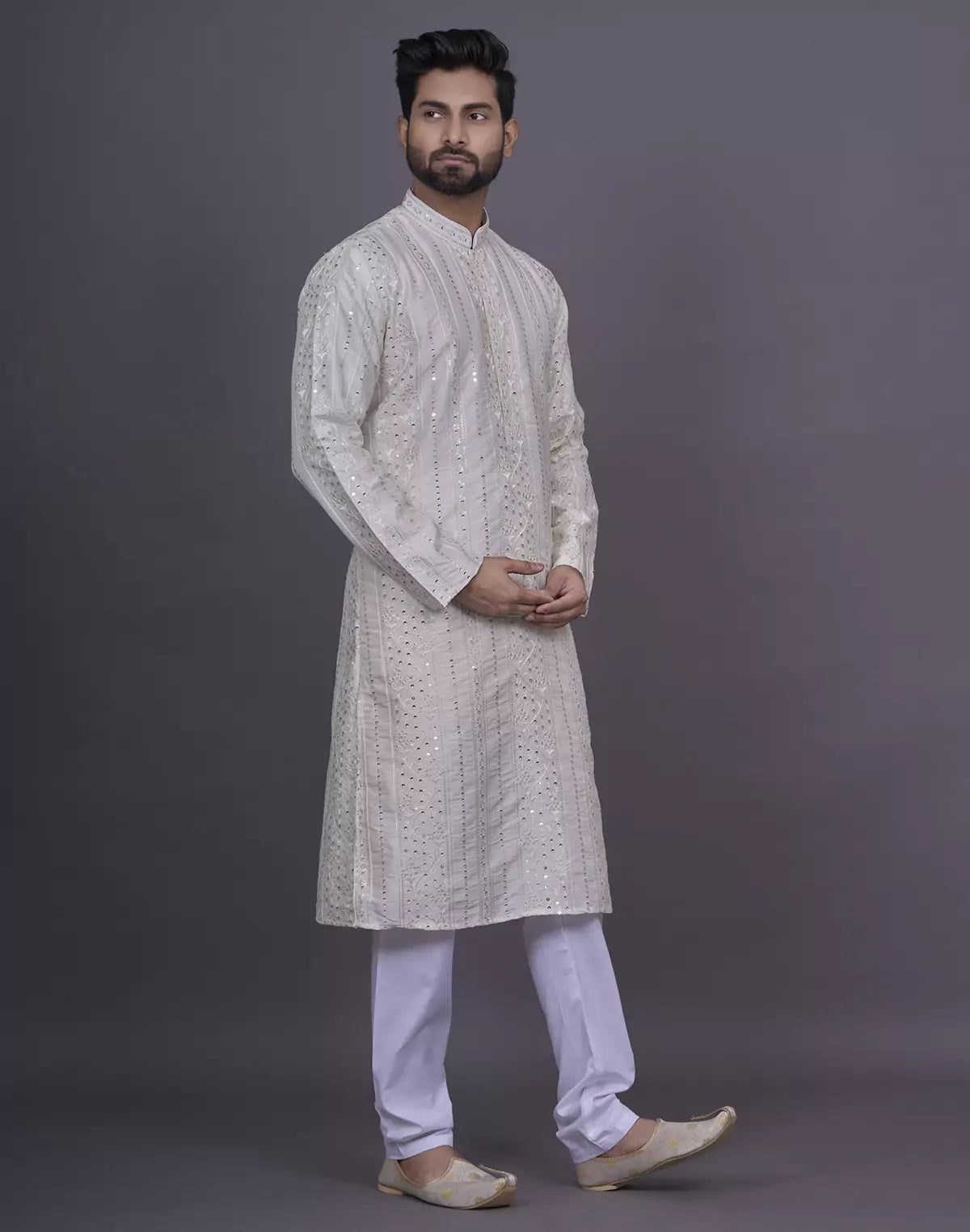 Self Floral Sequence with Thread work Cream Raw Silk Kurta Pyjama Set