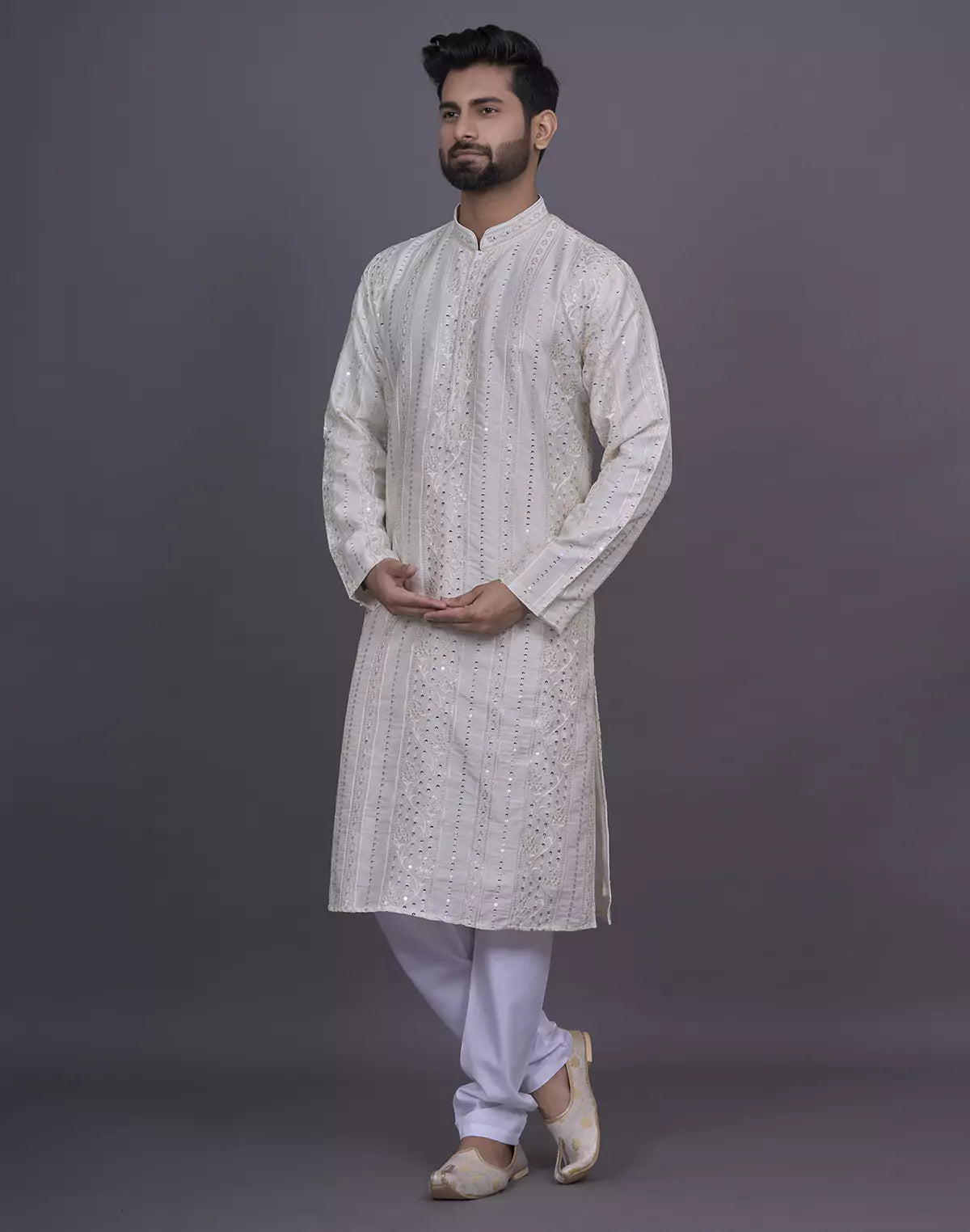 Self Floral Sequence with Thread work Cream Raw Silk Kurta Pyjama Set