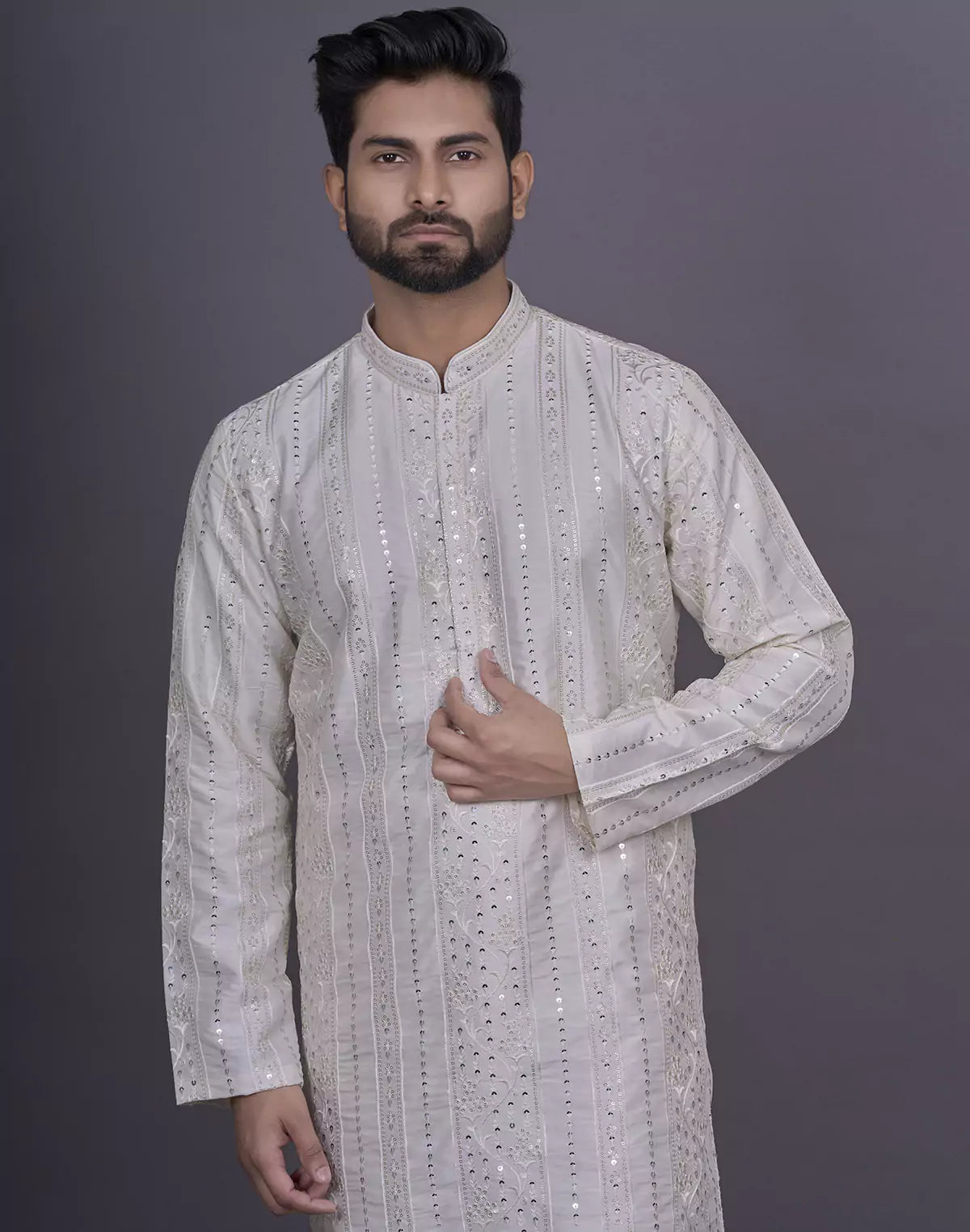 Self Floral Sequence with Thread work Cream Raw Silk Kurta Pyjama Set
